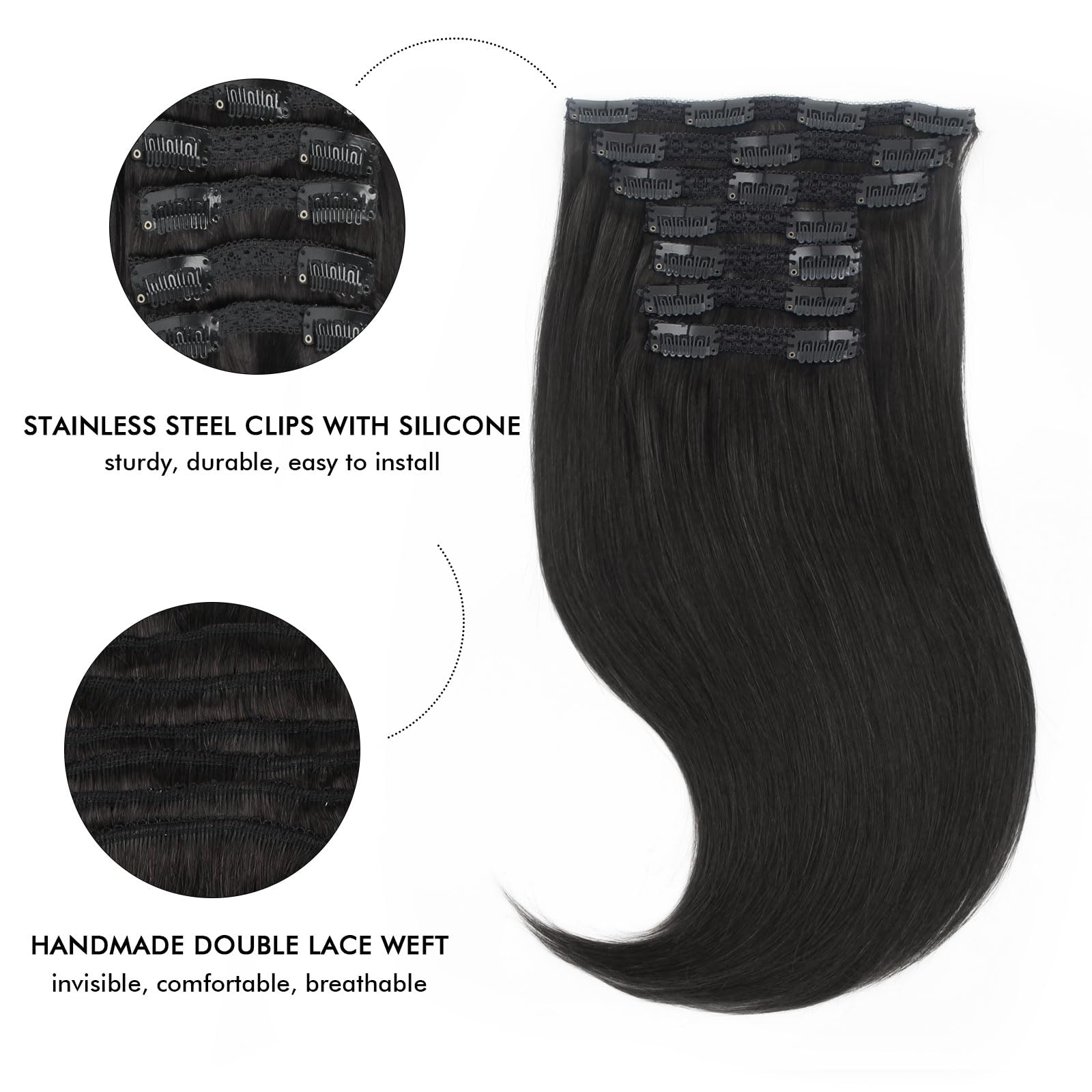 Premium 9A Grade Jet Black Virgin Human Hair Extensions - 18 Inch Clip-In 7-Piece Set (120g, 18 Clips) for Thick & Full Volume - Perfect for Styling, Parties & Everyday Glam