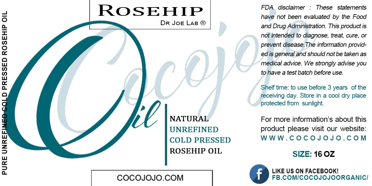 **Organic Cold-Pressed Rosehip Oil for Face & Skin - 100% Pure Unrefined, 16 Oz - Hydrates Hair, Nails & Body - Anti-Aging & Scar Reduction - Perfect for Dry Skin & Night Routine**