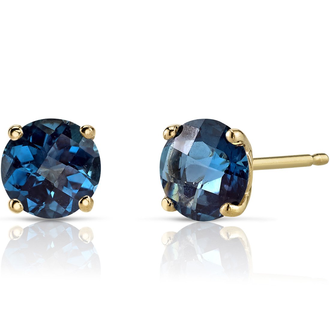 Peora 14K Solid Yellow Gold London Blue Topaz Stud Earrings for Women | Genuine December Birthstone | 6mm Round Solitaire (2 Carats) | Friction Back Closure | Perfect for Gifts, Anniversaries & Everyday Elegance
