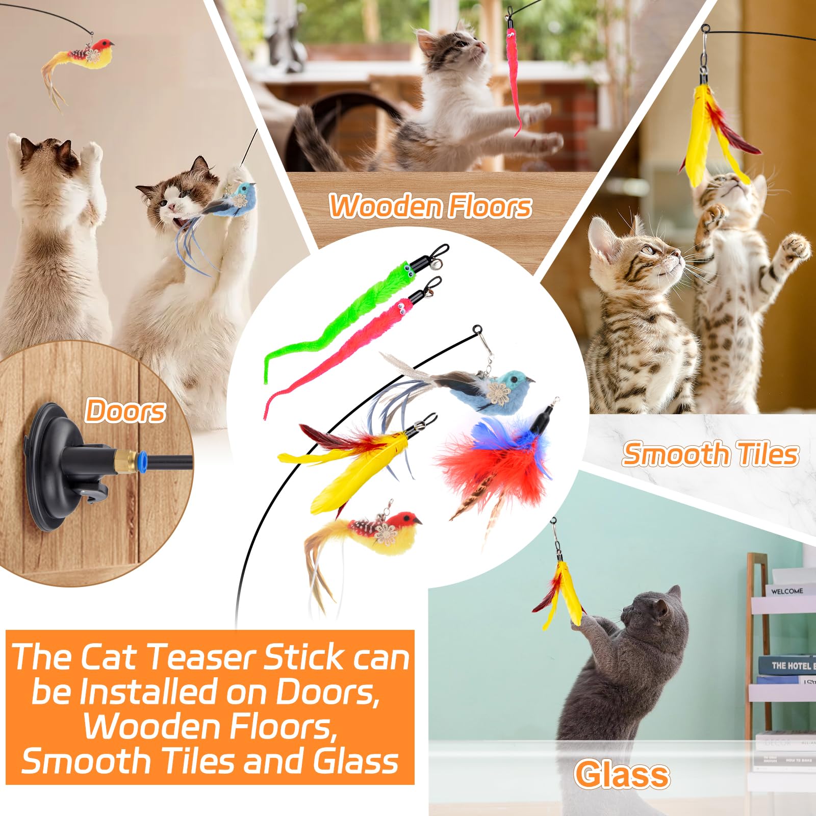 10PCS Interactive Cat Feather Toys with 2PCS Detachable Suction Cups & 6PCS Bell Teaser Refills - Perfect for Indoor Play, Exercise & Bonding with Your Kitty