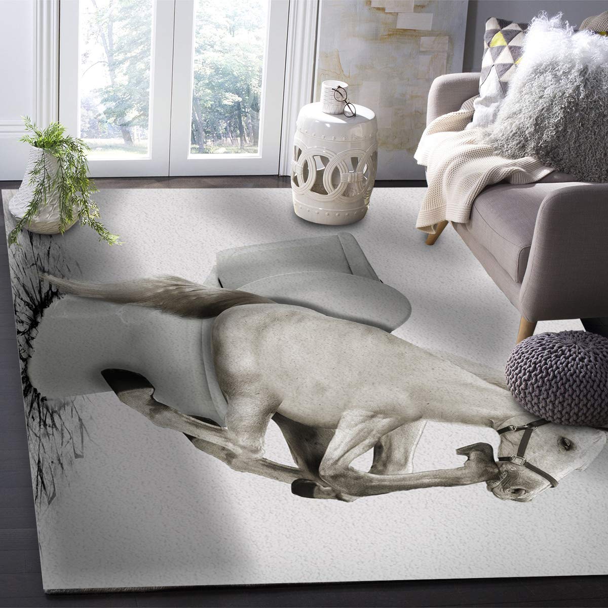 Non-Slip 5' x 8' Funny Horse Print Area Rug - Waterproof Indoor Floor Mat for Living Room, Bedroom, or Bathroom - Anti-Fatigue Comfort Carpet with Animal Design for Meditation Space