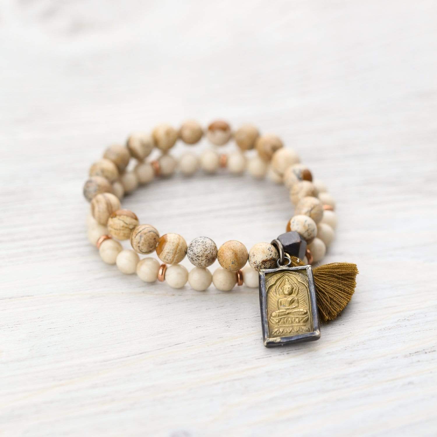 Grounding Picture Jasper Wrist Mala Beads - Natural Stone Meditation Bracelet for Stress Relief & Spiritual Healing | Yoga, Mindfulness & Energy Balancing Accessory