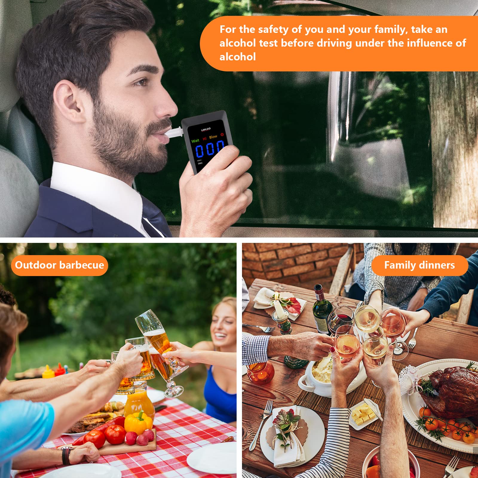 LAMJAD D900 Professional Digital Alcohol Breathalyzer with LED Display & USB Charger - 8 Mouthpieces Included - Semiconductor Sensor Technology for Personal & Workplace Safety Testing