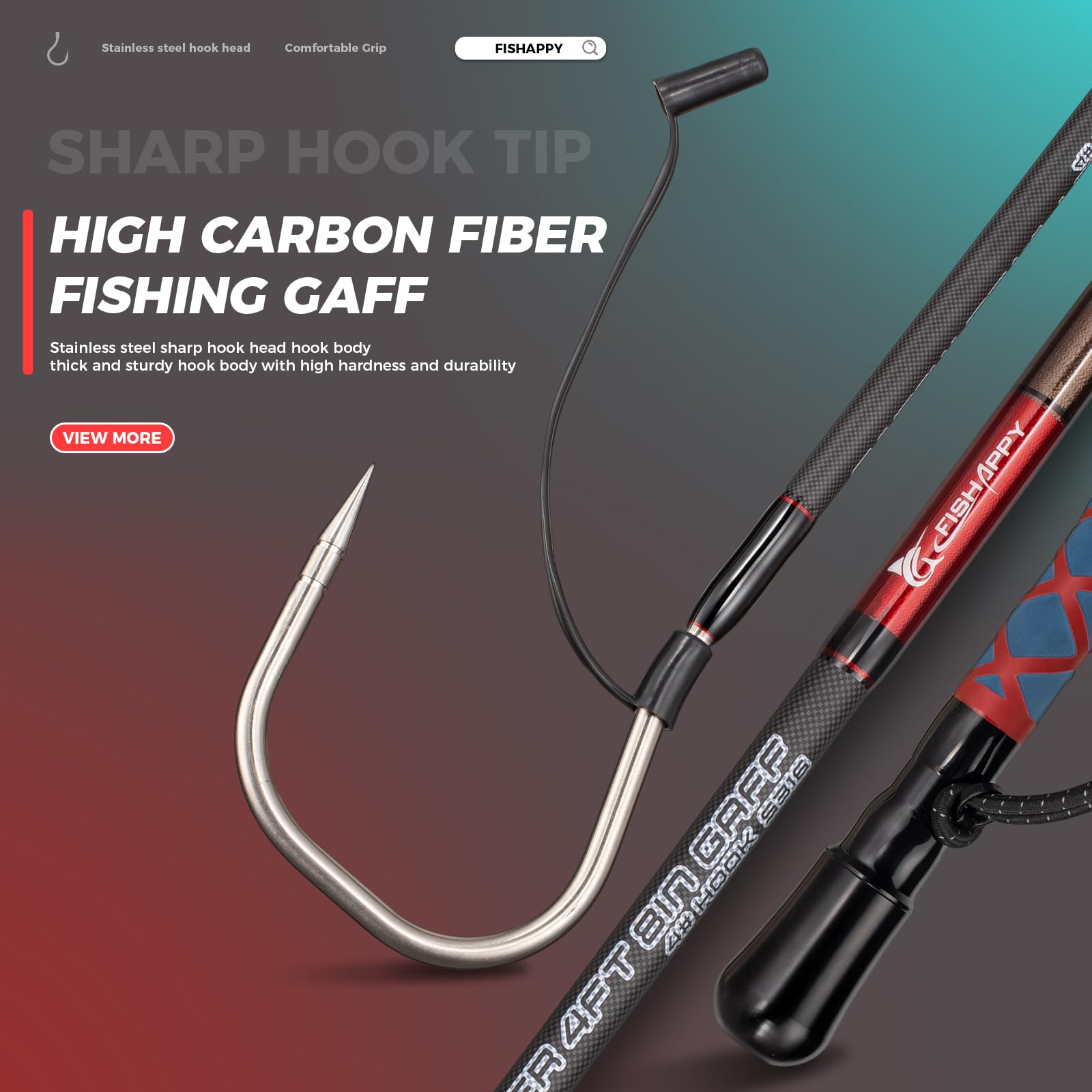 Saltwater Fishing Gaff with S316 Stainless Steel Hook & Carbon Fiber Pole - Heavy Duty Fish Landing Tool for Offshore, Deep Sea, and Boat Fishing Adventures