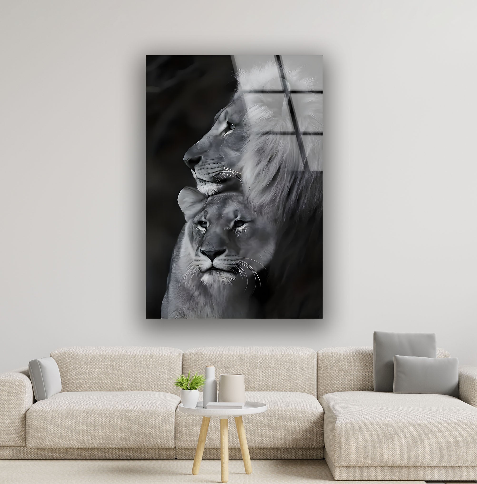 Black & White Lion Family Glass Wall Art - Elegant Home Decor for Living Room, Bedroom & Office - Perfect Gift for Animal Lovers