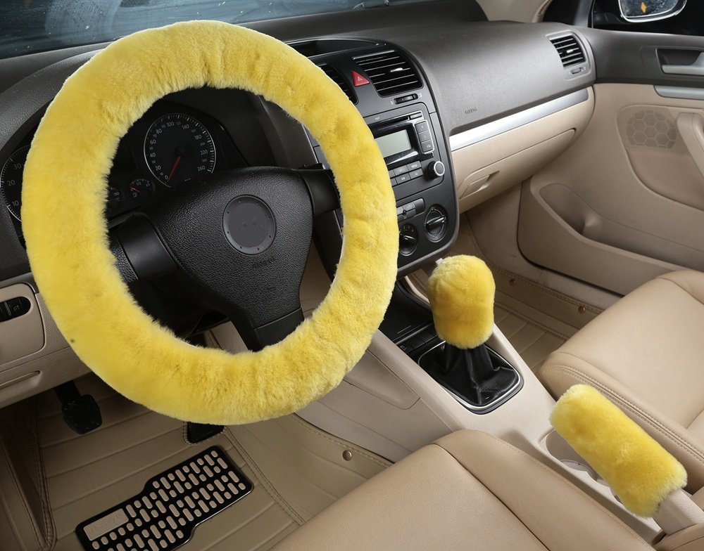 Dotesy Genuine Sheepskin Steering Wheel Cover Set (3-Piece) - Universal 15 Inch, Pure Wool, Yellow - Includes Gear Shift Knob Cover & Handbrake Cover - Soft Furry Car Accessories for Comfort & Grip - Perfect for Winter Driving, Luxury Interior Upgrade, and Long Road Trips