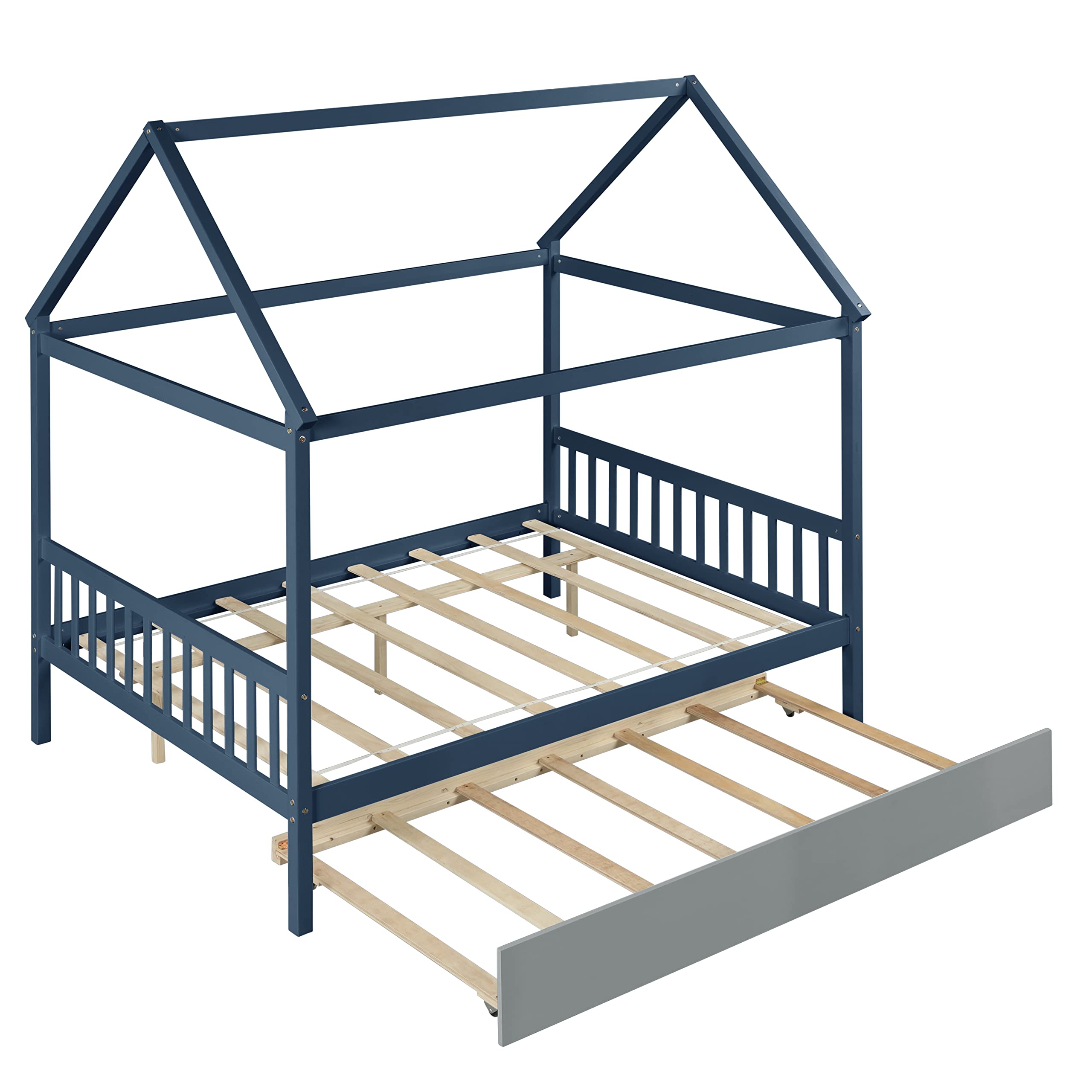 Full Size House Bed with Twin Trundle - Wooden Platform Bed Frame for Kids, Girls & Boys - Blue - Perfect for Bedrooms, Playrooms & Sleepovers