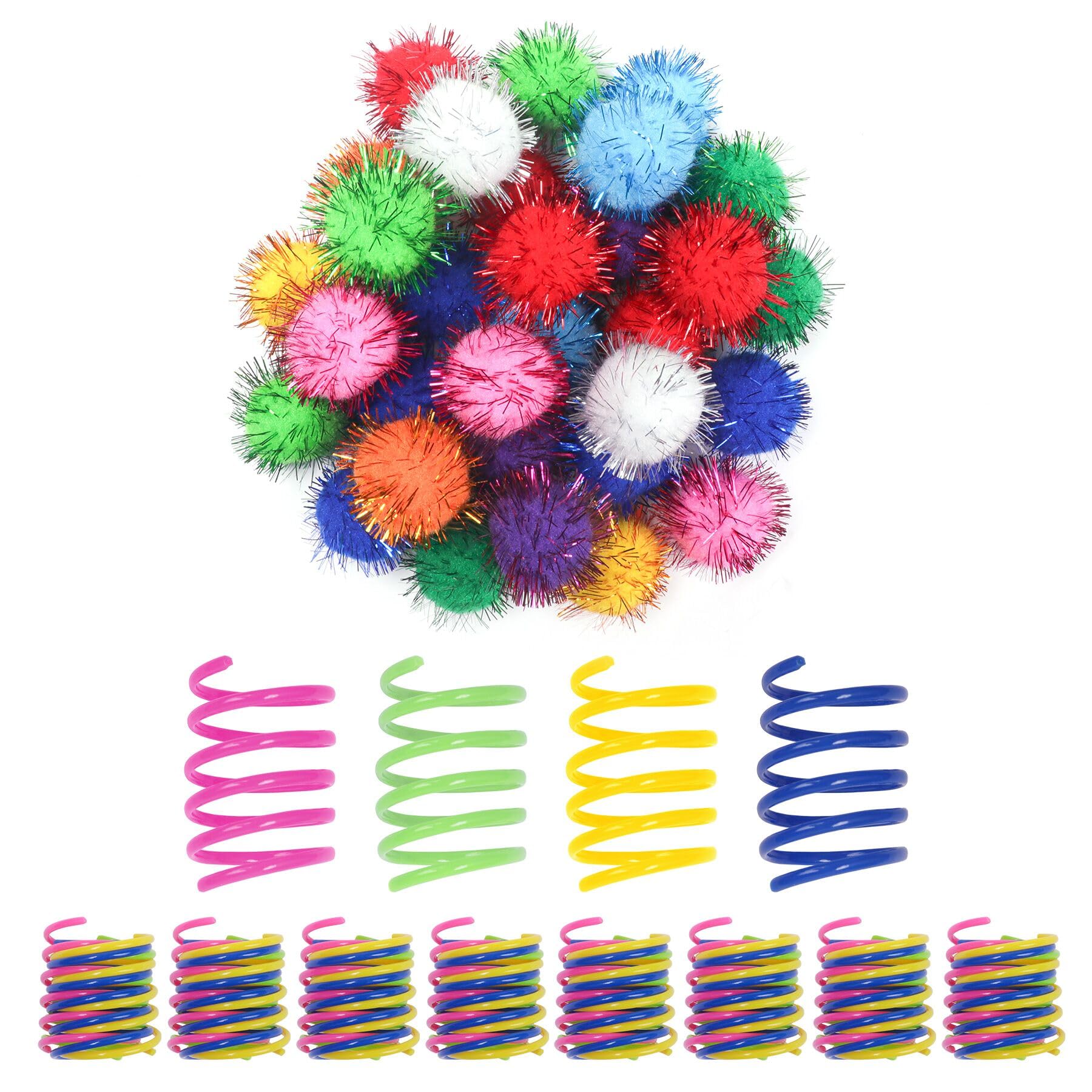 SEVENKA 30-Piece Cat Toys Set with Color Flash Balls & 36 Spring Toys - 1.1in Soft Tinsel Pom Poms & Plastic Spiral Springs for Kittens - Perfect for Swatting, Biting, Hunting & Active Play - Indoor & Outdoor Cat Entertainment
