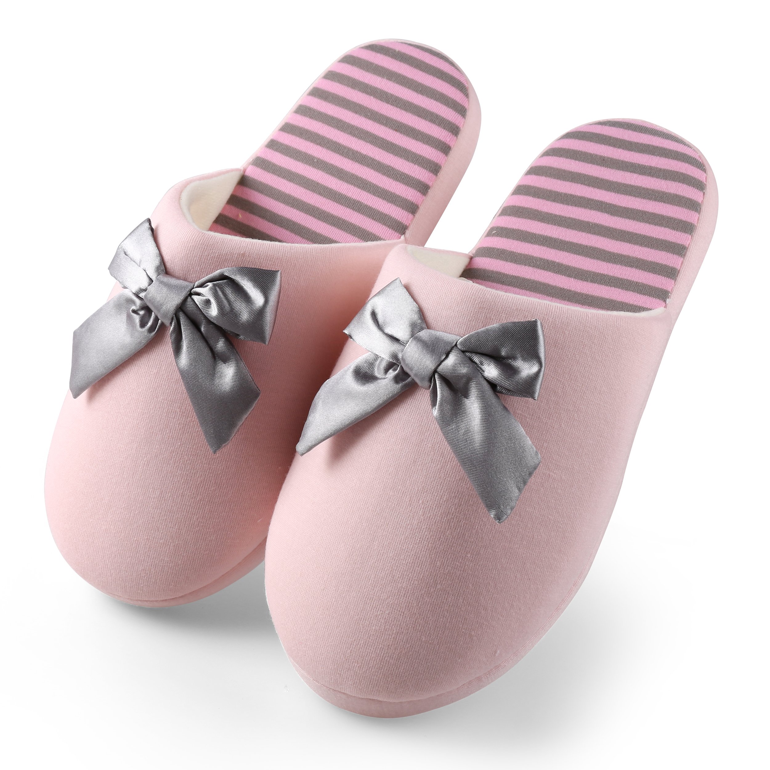 Women's Memory Foam House Slippers - Soft Waffle Stripes Design with Bow Detail - Comfortable Closed-Toe Indoor Shoes for Relaxing at Home, Lounging & Cozy Winter Wear