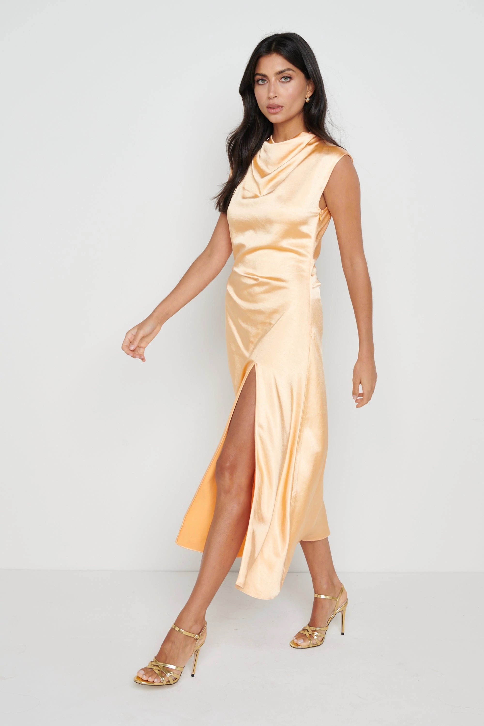 Lilith Women's Satin Midi Dress - Elegant Orange Evening Gown for Party, Wedding & Special Occasions