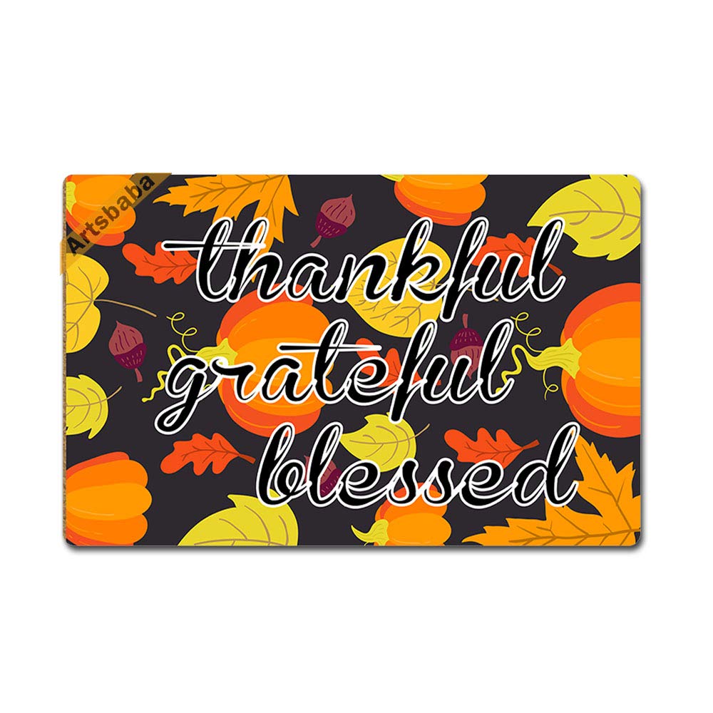 Thanksgiving Doormat - Non-Slip Rubber Entrance Rug with 'Thankful Grateful Blessed' Design - 23.6 x 15.7 Inches, 0.18 Inch Thickness - Perfect for Front Door, Porch, Balcony & Indoor Home Decor - Funny Holiday Floor Mat for Thanksgiving Season