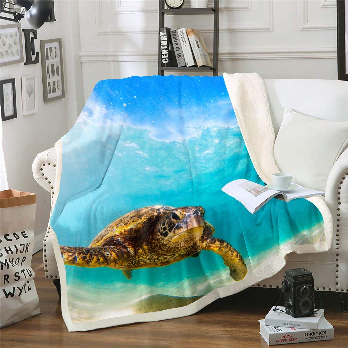 Soft Sherpa Fleece Throw Blanket with Sea Turtle Print - 90x90 Inch Plush Reptile Pattern Blanket for Kids, Boys & Adults - Cozy Ocean Animal Blanket for Sofa, Bed, Couch - Perfect for Movie Nights, Camping & Winter Snuggles