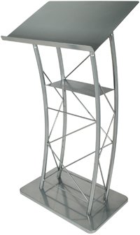 Large Curved Lectern with Shelf - Church Pulpit Stand, Slanted Podium for Speakers & Presentations - Silver Powder Coated Metal Truss Lectern - Perfect for Churches, Conferences, Weddings & Public Speaking Events