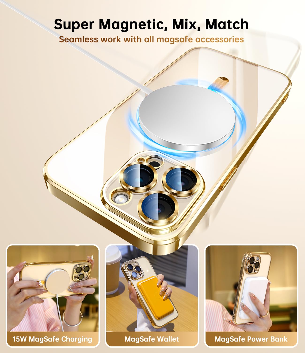 Premium iPhone 13 Pro Max Case with Camera Lens Protection | Magsafe Compatible | Metallic Glossy Soft Bumper & Diamond Clear Design | 6.7