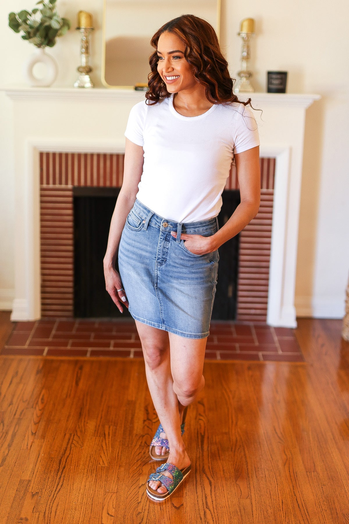 Judy Blue Medium Wash High Rise Tummy Control Denim Skirt for Women - Slimming Stretch Jeans Skirt for Casual Outfits & Date Nights