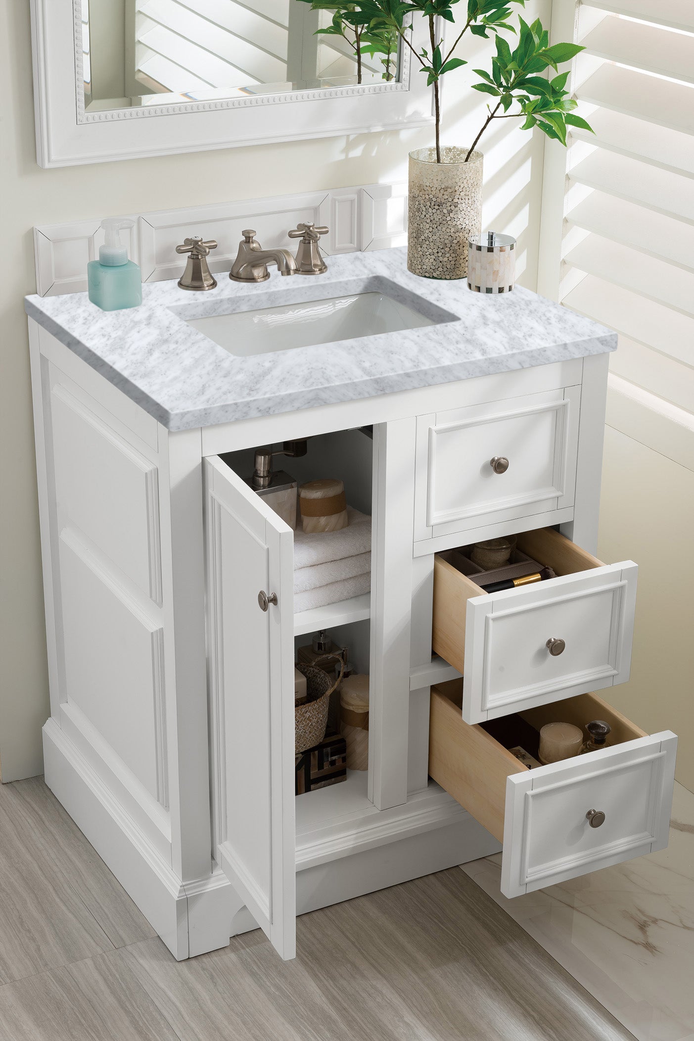 De Soto 30 Inch Single Bathroom Vanity with Bright White Finish & 3CM Carrara Marble Top – Perfect for Modern Bathroom Remodeling & Small Space Design