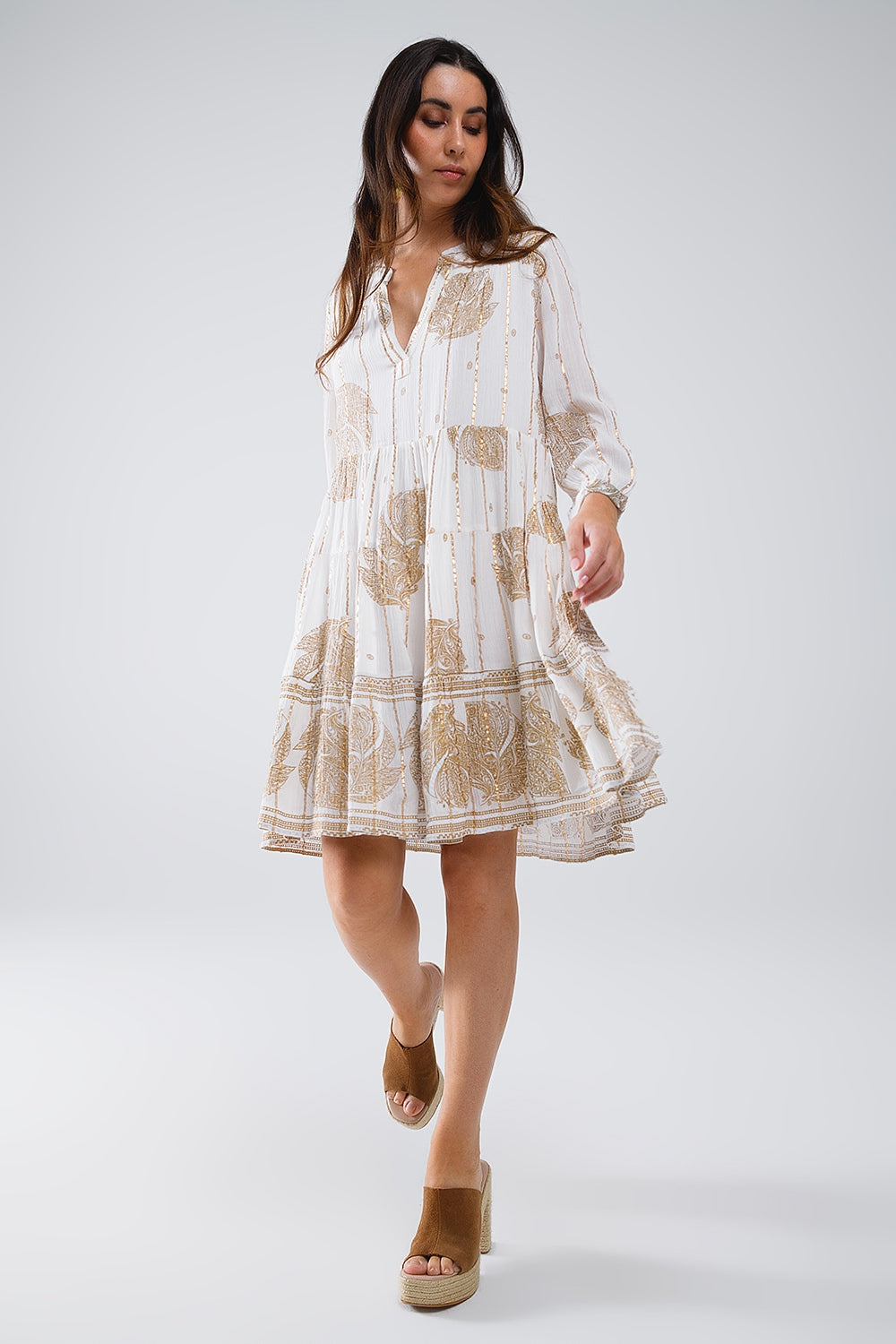 Bohemian Long Sleeve Robe with Leaf Print and Lurex Details in White - Perfect for Yoga, Beach Cover-Up, and Relaxing at Home