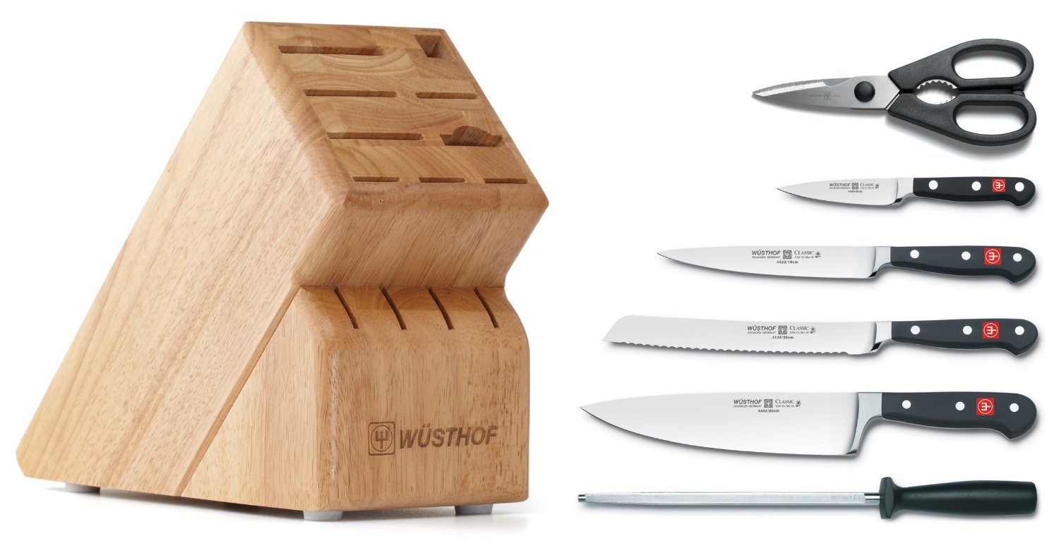 WÜSTHOF Classic 7-Piece German Knife Set with Wood Block | High Carbon Stainless Steel Kitchen Knives | Precision Forged Cutlery Set for Professional Chefs & Home Cooking | Model 7417 | Perfect for Meat Cutting, Vegetable Chopping & Food Preparation