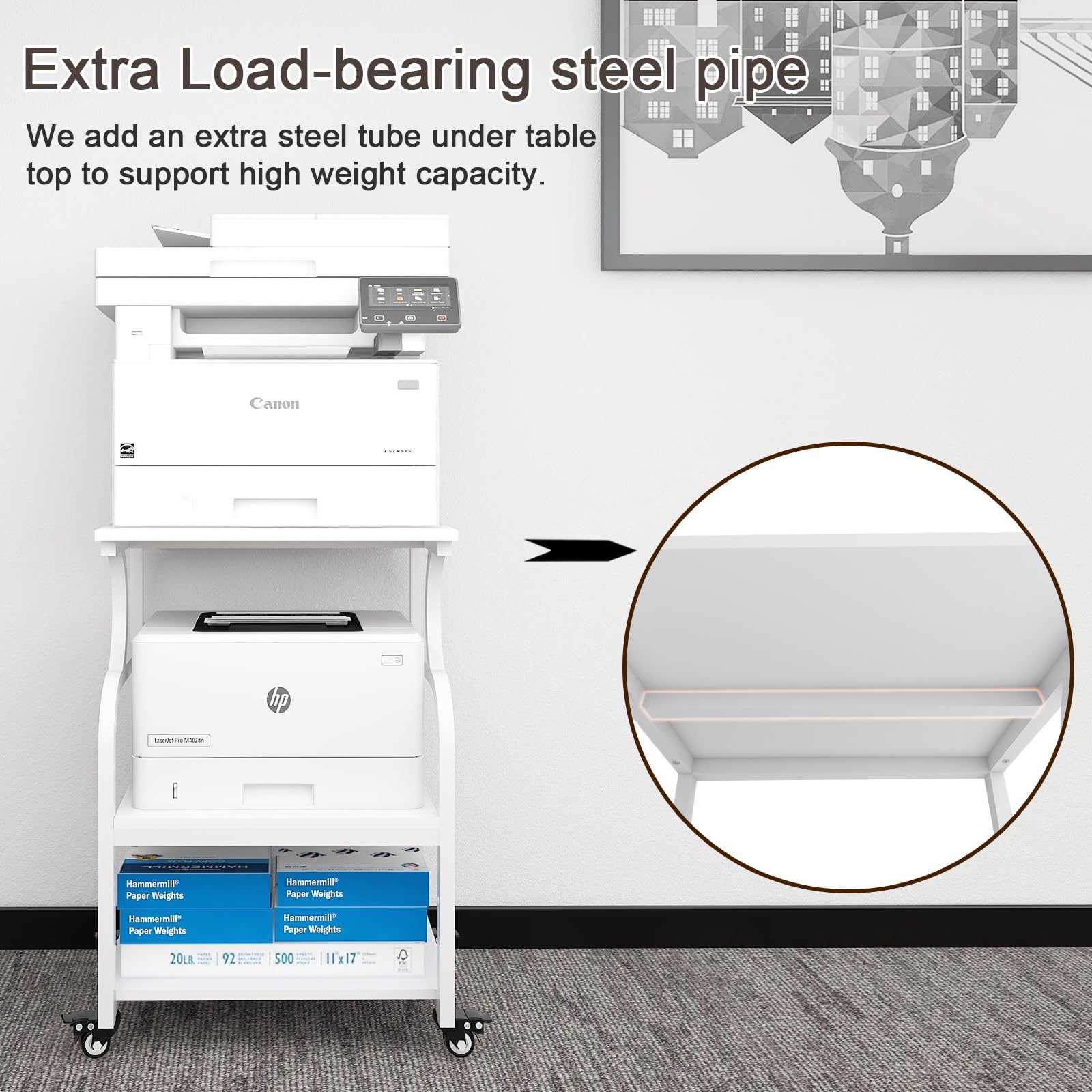 Natwind Large Adjustable 3-Tier Rolling Printer Cart with Wheels - 24''x20''x29'' Printer Stand with Storage Shelf - Multifunctional Home Office Shelves for Heat Press & 3D Printer (White) - Perfect for Craft Rooms, Office Organization & Small Business Workspaces