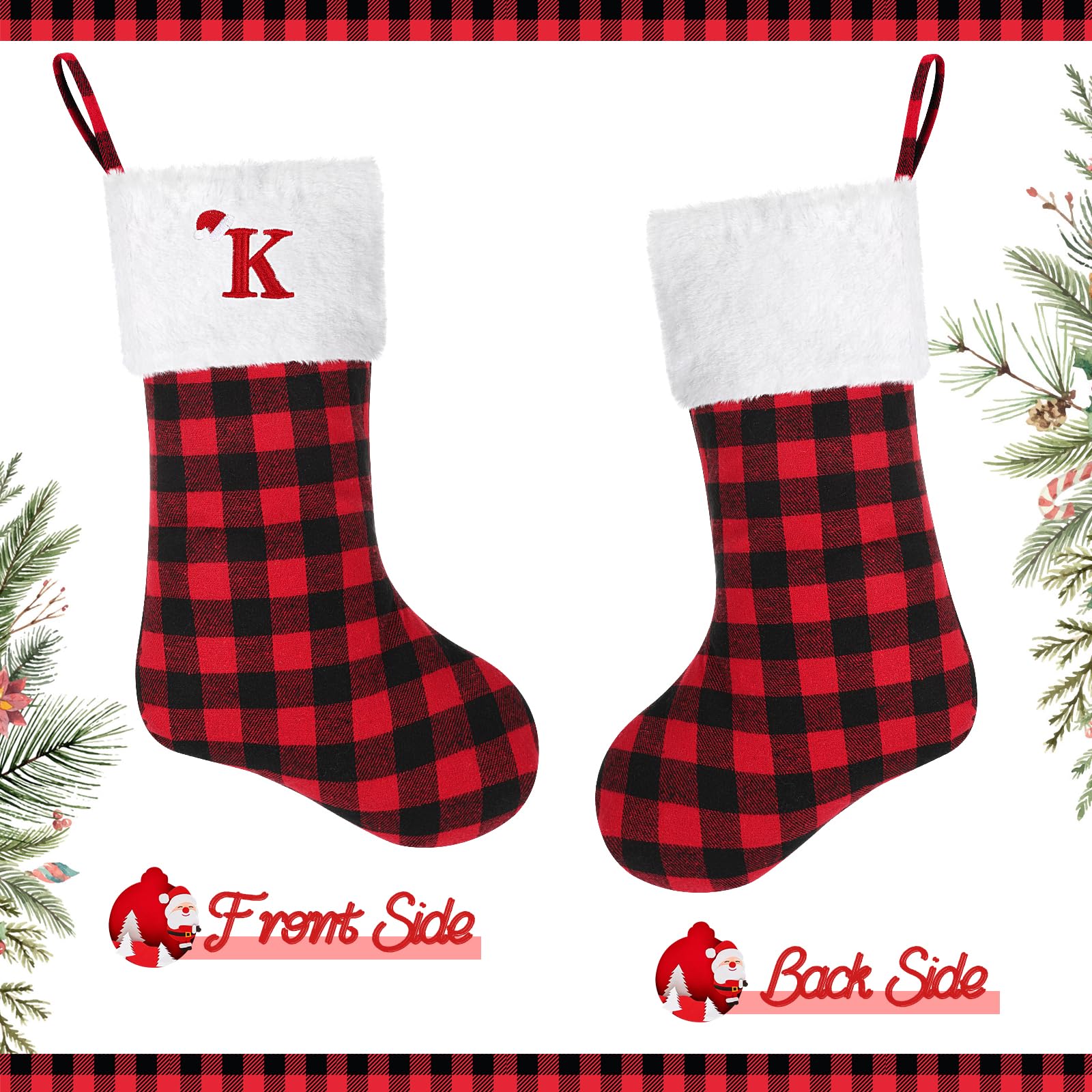 20 Inch Large Personalized Monogram Christmas Stocking - Red & Black Buffalo Plaid with Embroidered Initial Letter (K) | Holiday Fireplace Decor for Xmas, Family Gatherings and Festive Home Decoration