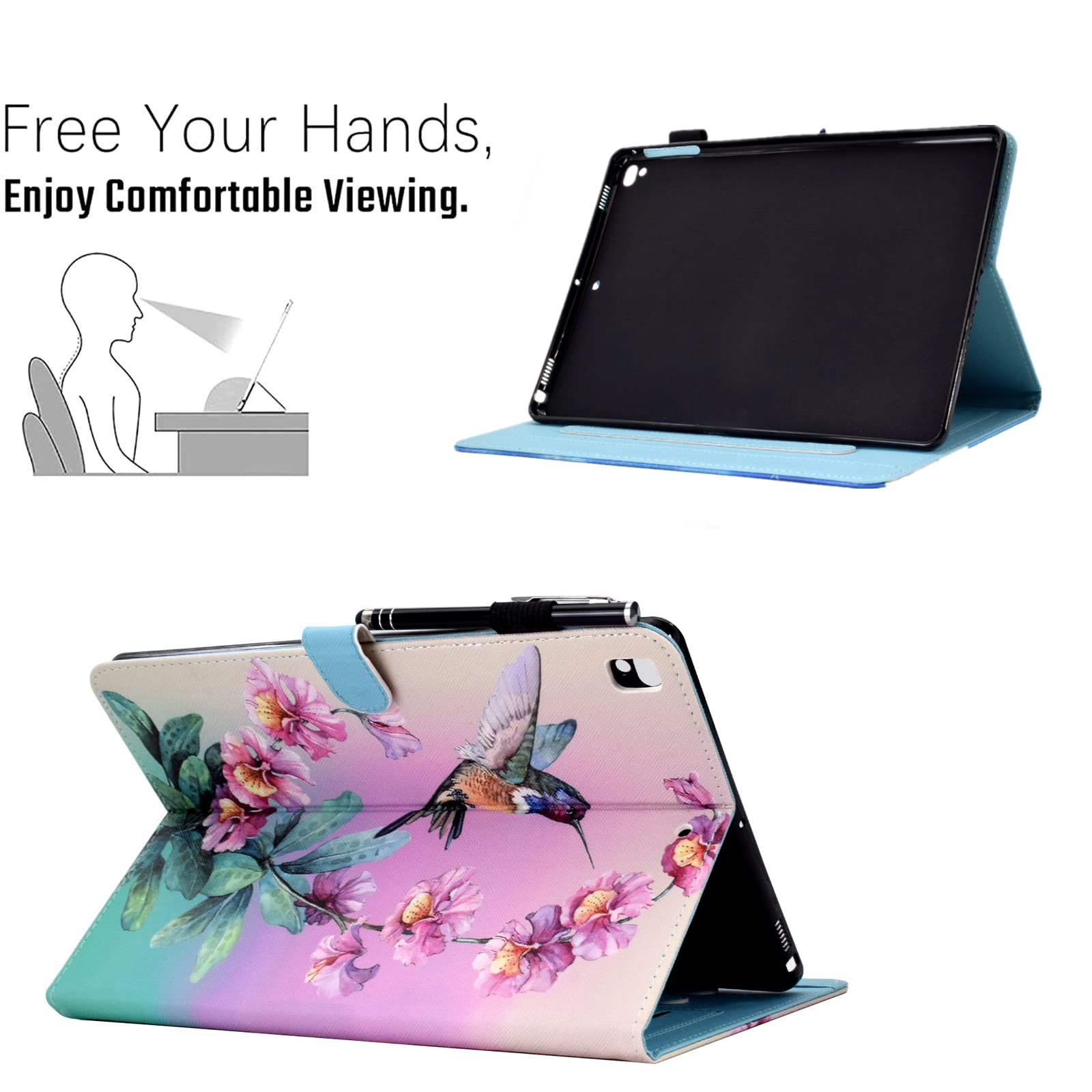 Premium PU Leather Folio Stand Case for iPad 9.7 Inch (6th/5th Gen 2018/2017, iPad Pro 9.7, iPad Air 2/Air 1) with Auto Sleep/Wake - Cute Hummingbird Design - Perfect for Work, School & Travel Protection
