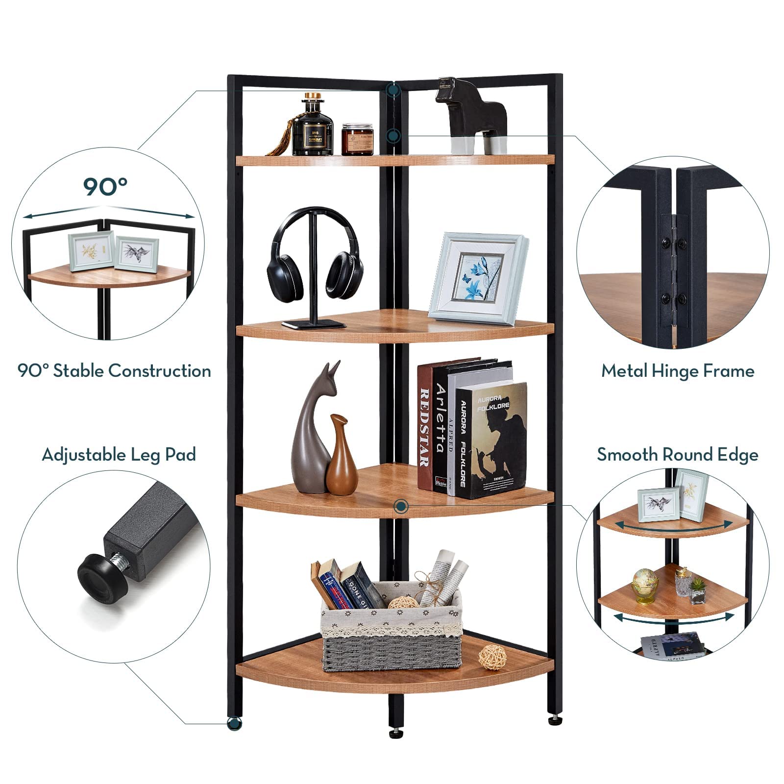 SAYGOER Corner Bookshelf & Walnut Oval Coffee Table Set - Modern Wooden Bookshelves & Living Room Coffee Table for Home Office Decor, Reading Nook, and Small Space Furniture