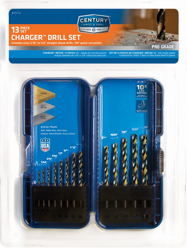 Century Drill & Tool 25713 13-Piece Parabolic Drill Bit Set with Charger | USA-Made High-Speed Steel Drill Bits for Metal, Wood & Plastic | Perfect for DIY Projects, Home Repairs & Professional Use