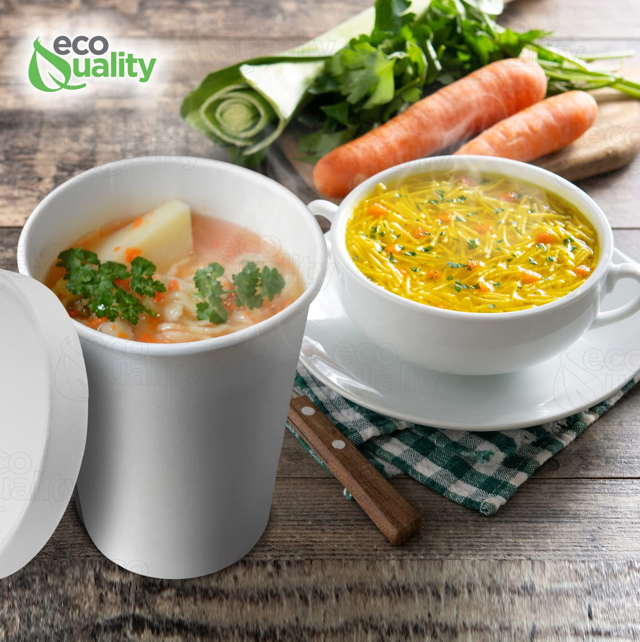 EcoQuality 32oz Disposable White Paper Soup Containers with Lids - Microwave Safe & Freezer Friendly Food Storage Bowls for Ice Cream, Frozen Yogurt, Desserts - Bulk Pack of 150 for Takeout, Parties & Catering