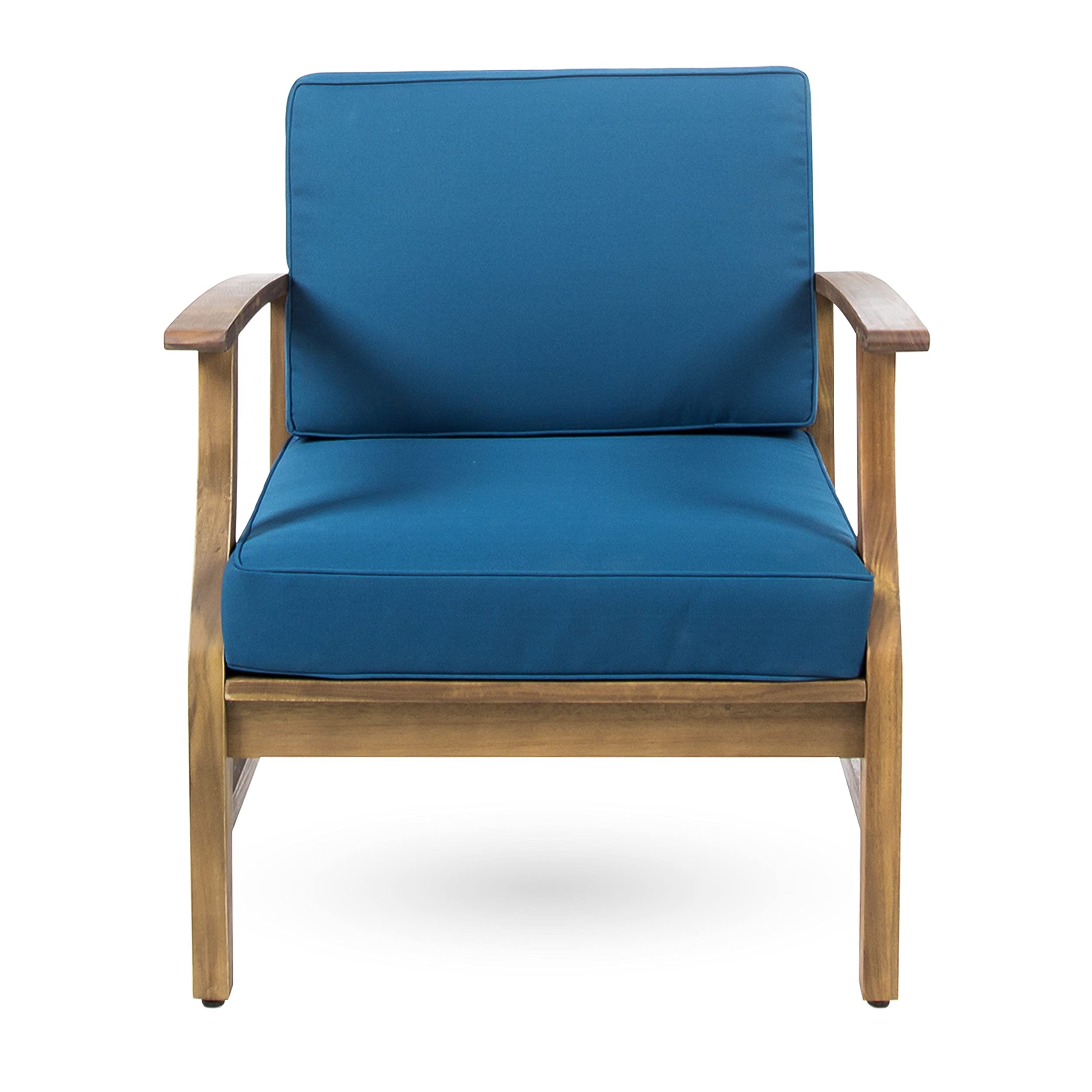 Christopher Knight Home Perla Outdoor Acacia Wood Club Chairs Set of 2 with Water Resistant Cushions - Teak Finish & Blue Fabric - Patio, Garden, Poolside Lounge Furniture for Backyard & Outdoor Relaxation
