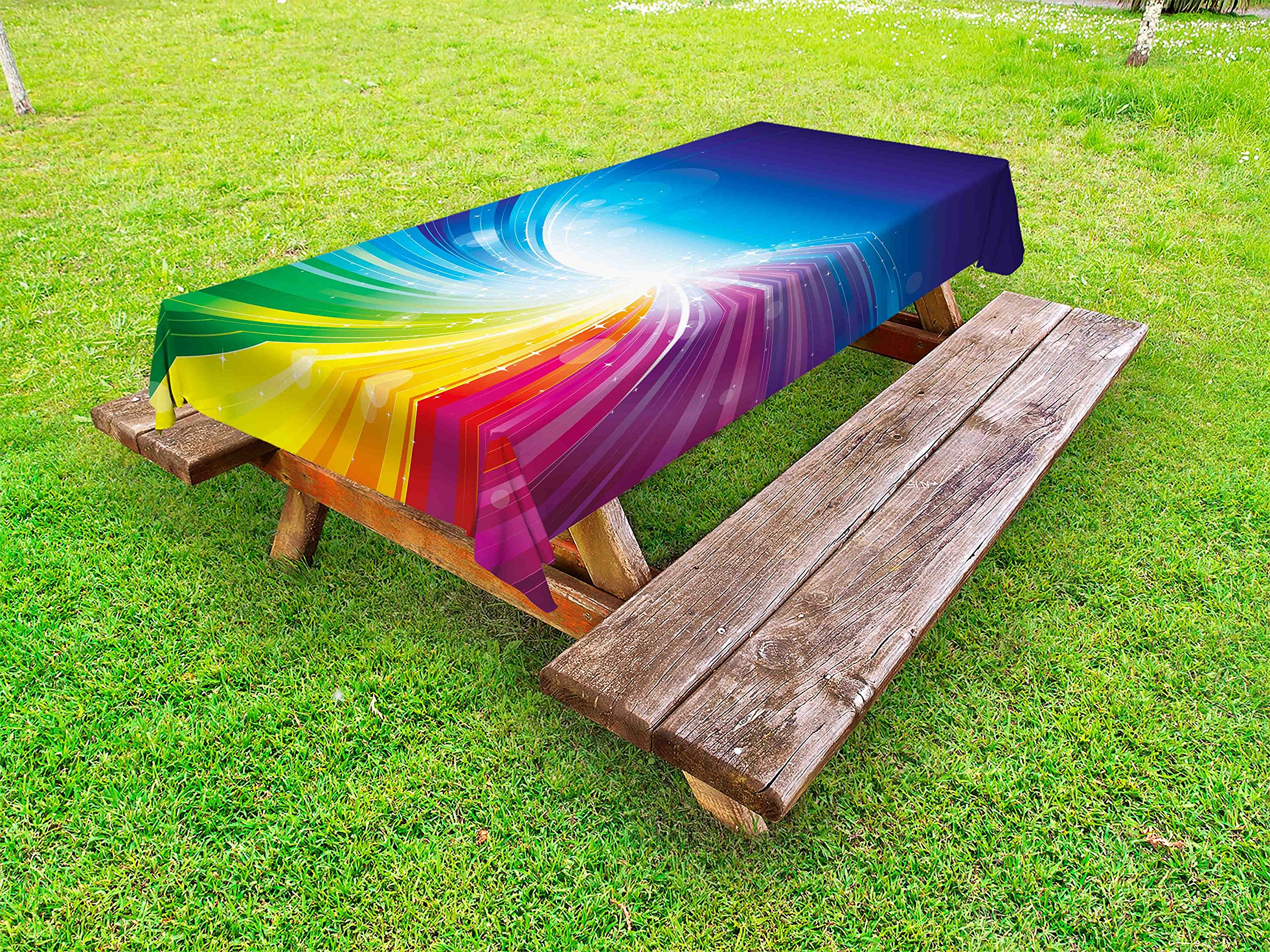 Ambesonne Colorful Outdoor Tablecloth - Funky Pop Art Radiant Lines Design, Wave-Like Color Reflections, Washable Picnic Table Cover, 58