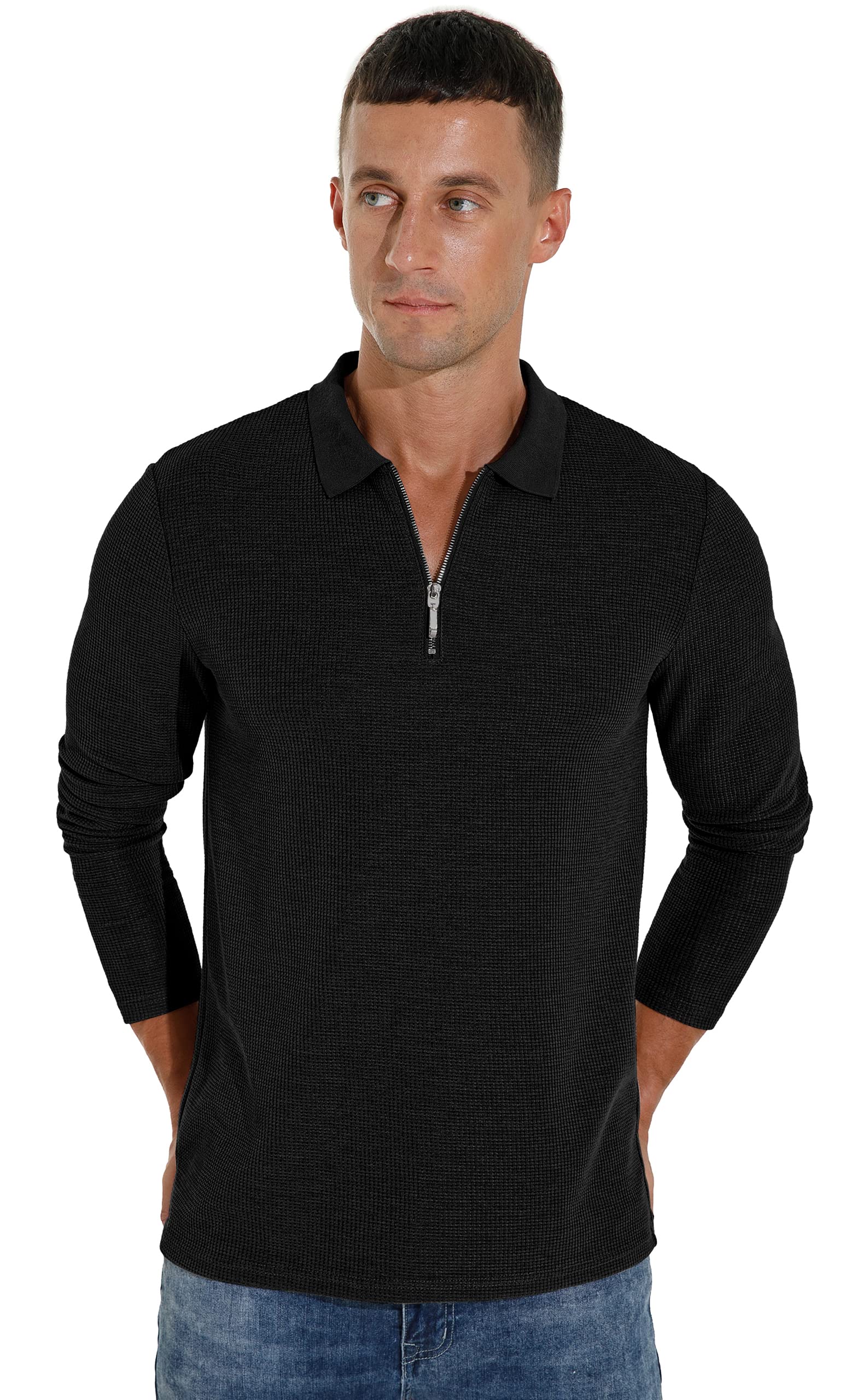 Sailwind Men's Waffle Knit Long Sleeve Quarter Zip Polo Shirt - Casual Pullover Top for Work, Golf & Outdoor Activities | Breathable Comfort Fit