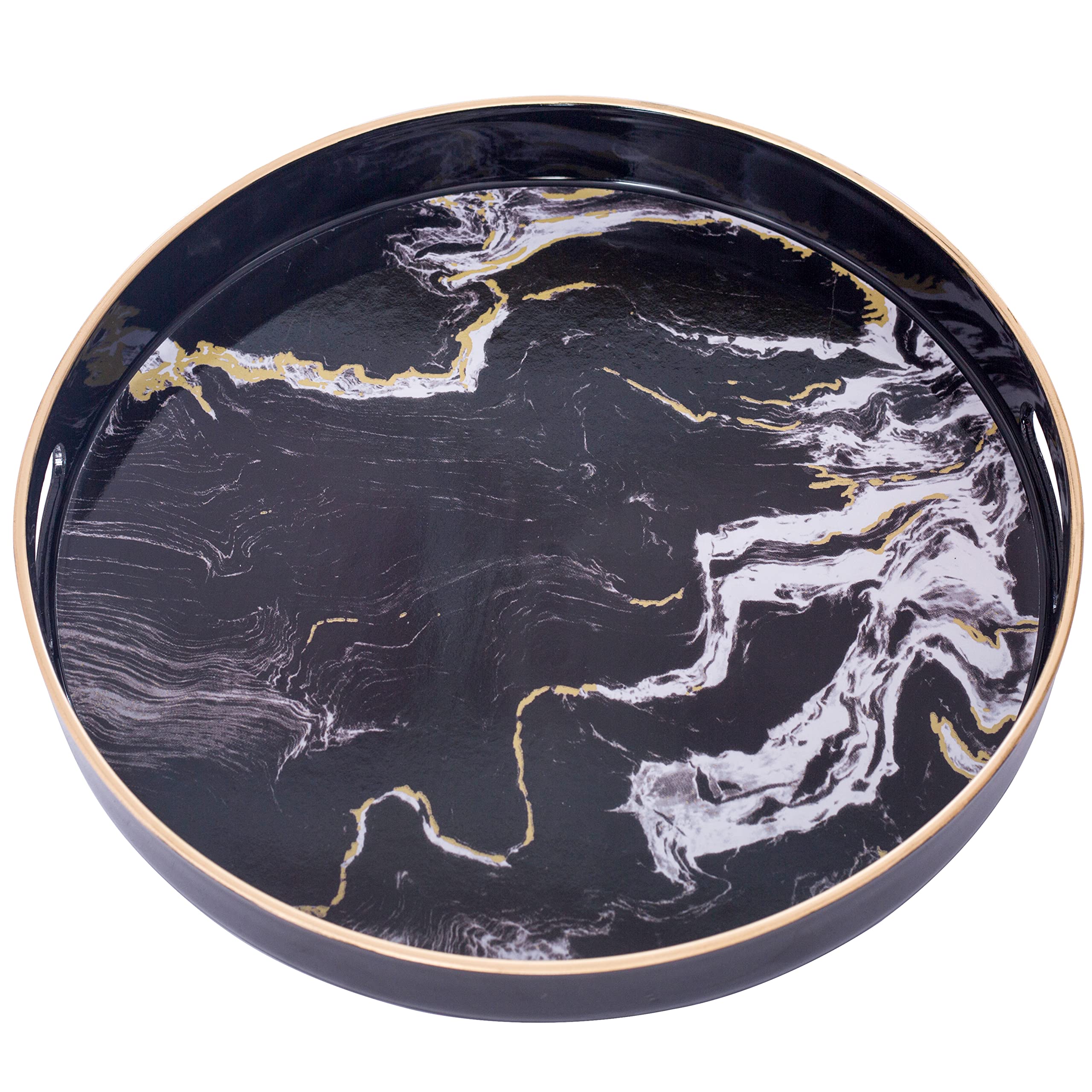 MAONAME 13 Inch Round Marble Pattern Plastic Tray with Handles - Decorative Serving Tray for Coffee Table, Ottoman, Kitchen & Bathroom - Perfect for Entertaining Guests, Organizing Essentials & Home Decor (Black)