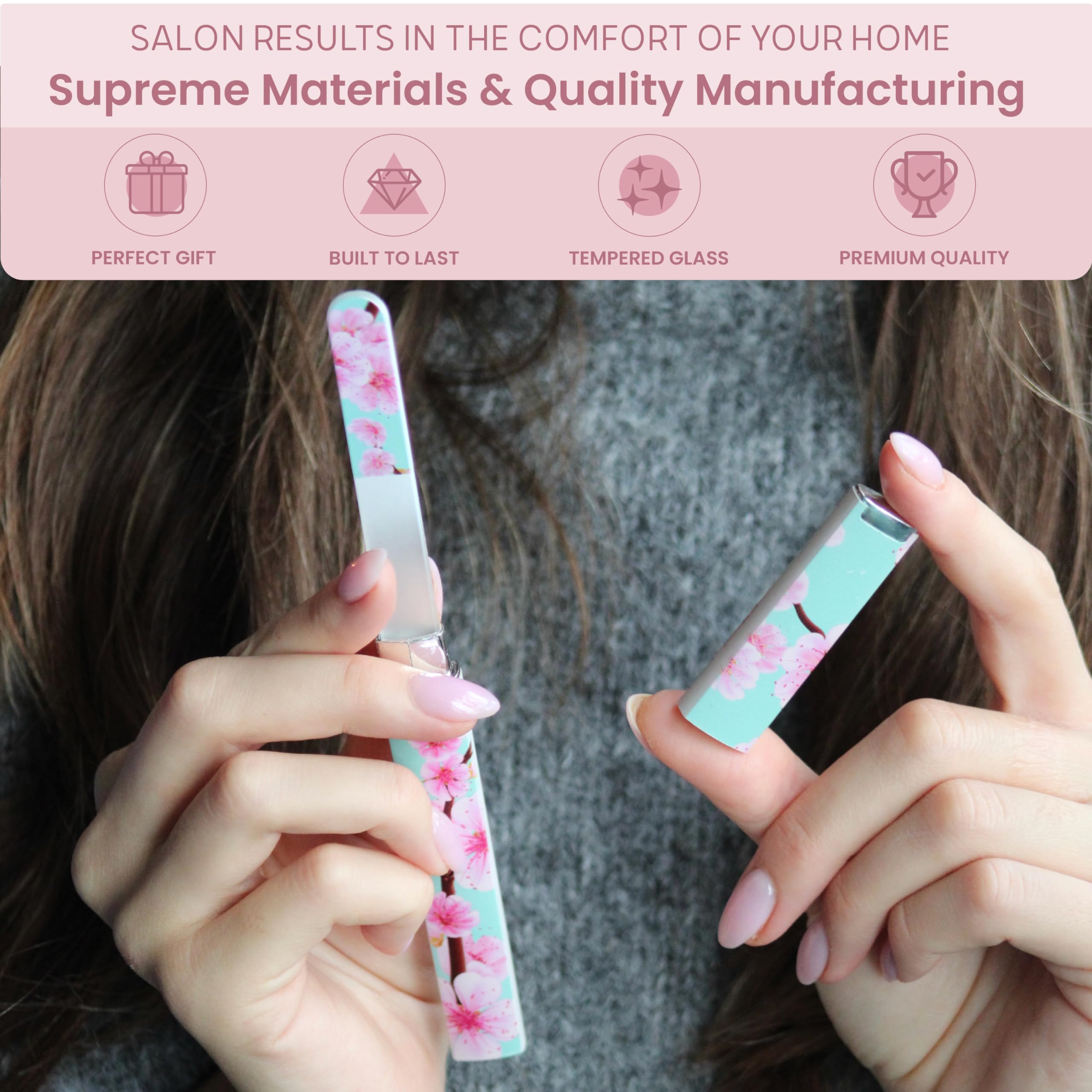 Premium Crystal Glass Nail File Set for Women - 3mm Blossom Design Professional Nail Shaper with Travel Case - Natural & Gel Nails Care - Perfect for Home, Salon Use & Travel Essentials