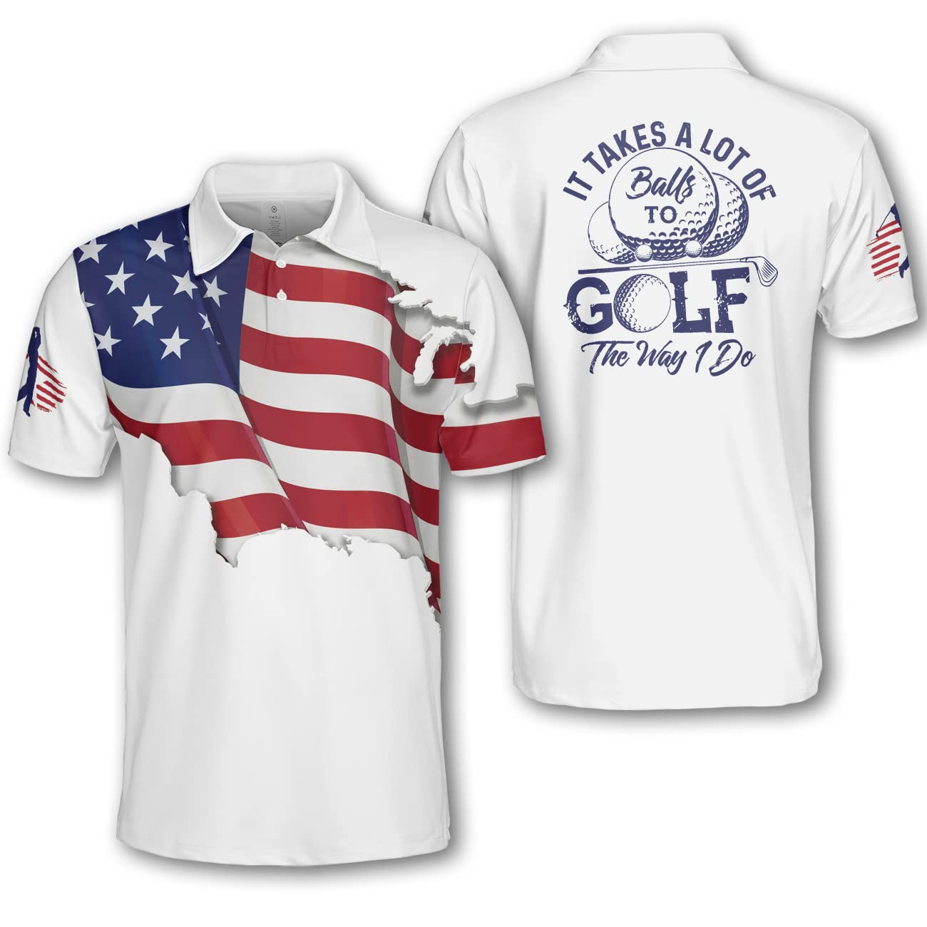 Patriotic American Flag Golf Shirt for Men - Moisture Wicking Dry Fit Polo with Funny 'It Takes Balls' Design - Perfect Golf Gift & Crazy Idea for 4th of July, Veterans Day & Outdoor Sports