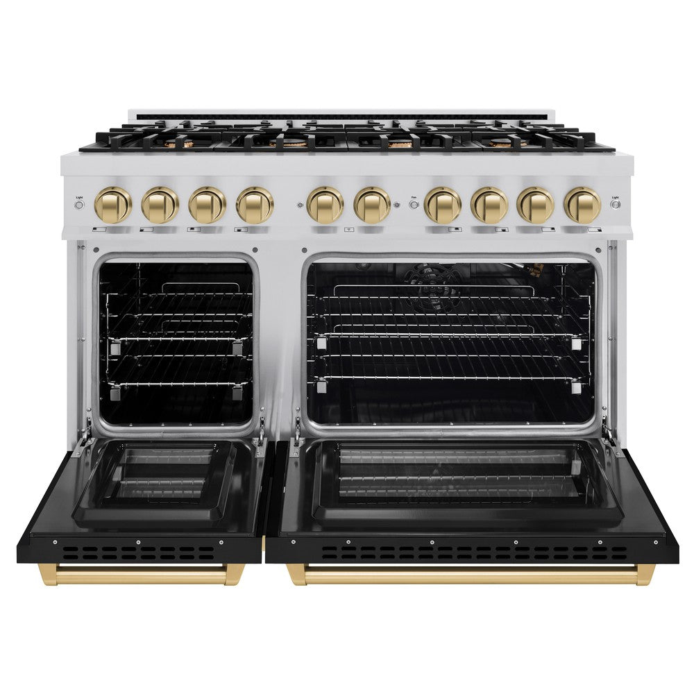 ZLINE Autograph Edition 48-Inch 6.7 cu. ft. Professional Double Oven Gas Range with 8 Burner Cooktop - Stainless Steel with Black Matte Doors & Champagne Bronze Accents (HGRZ BLM 48 CB) - Perfect for Gourmet Kitchens & Home Chefs