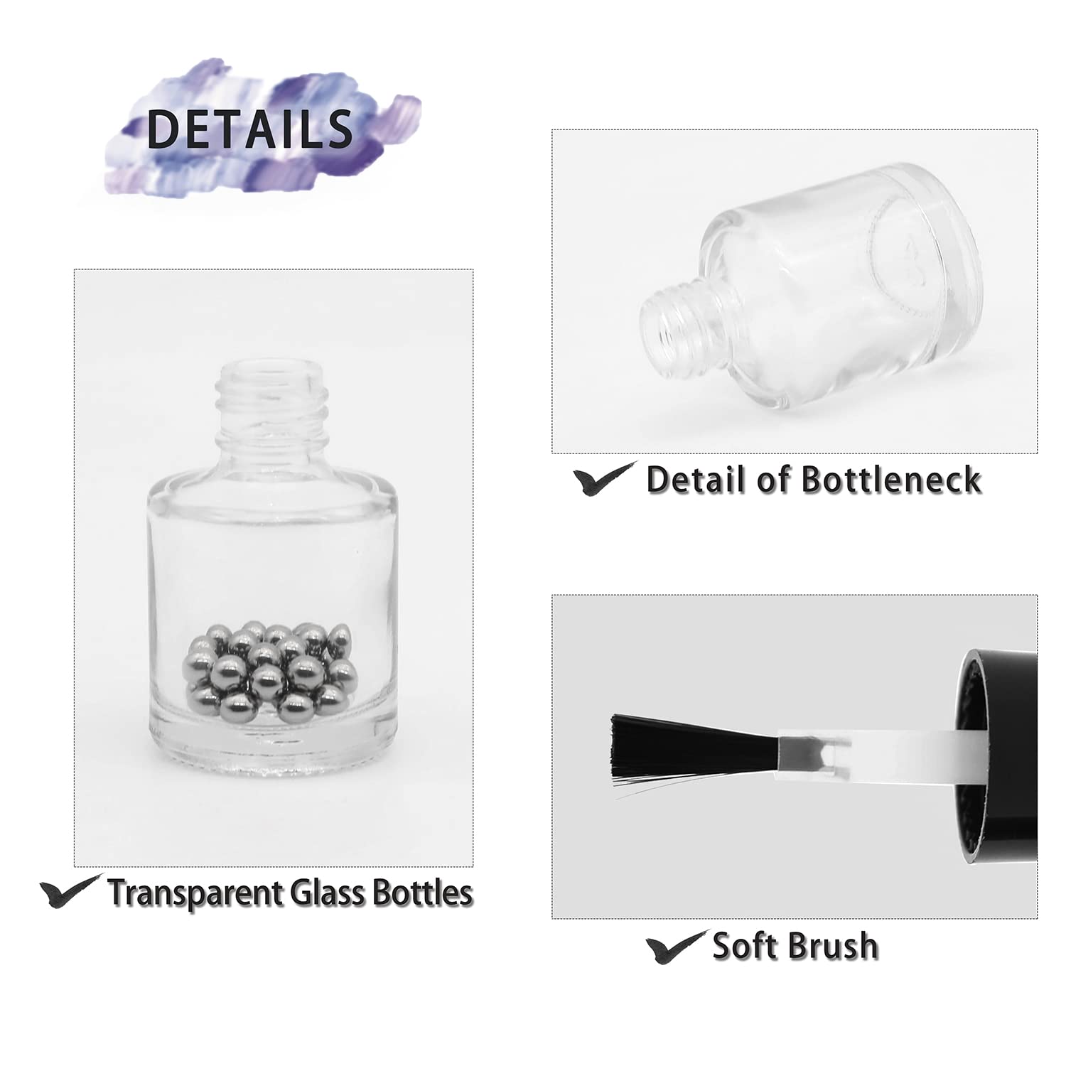 6 Pack 10ml Empty Nail Polish Bottles with Brush Cap - Refillable Glass Bottles with Mixing Balls & Funnels for DIY Nail Art, Manicure, Salon & Home Use