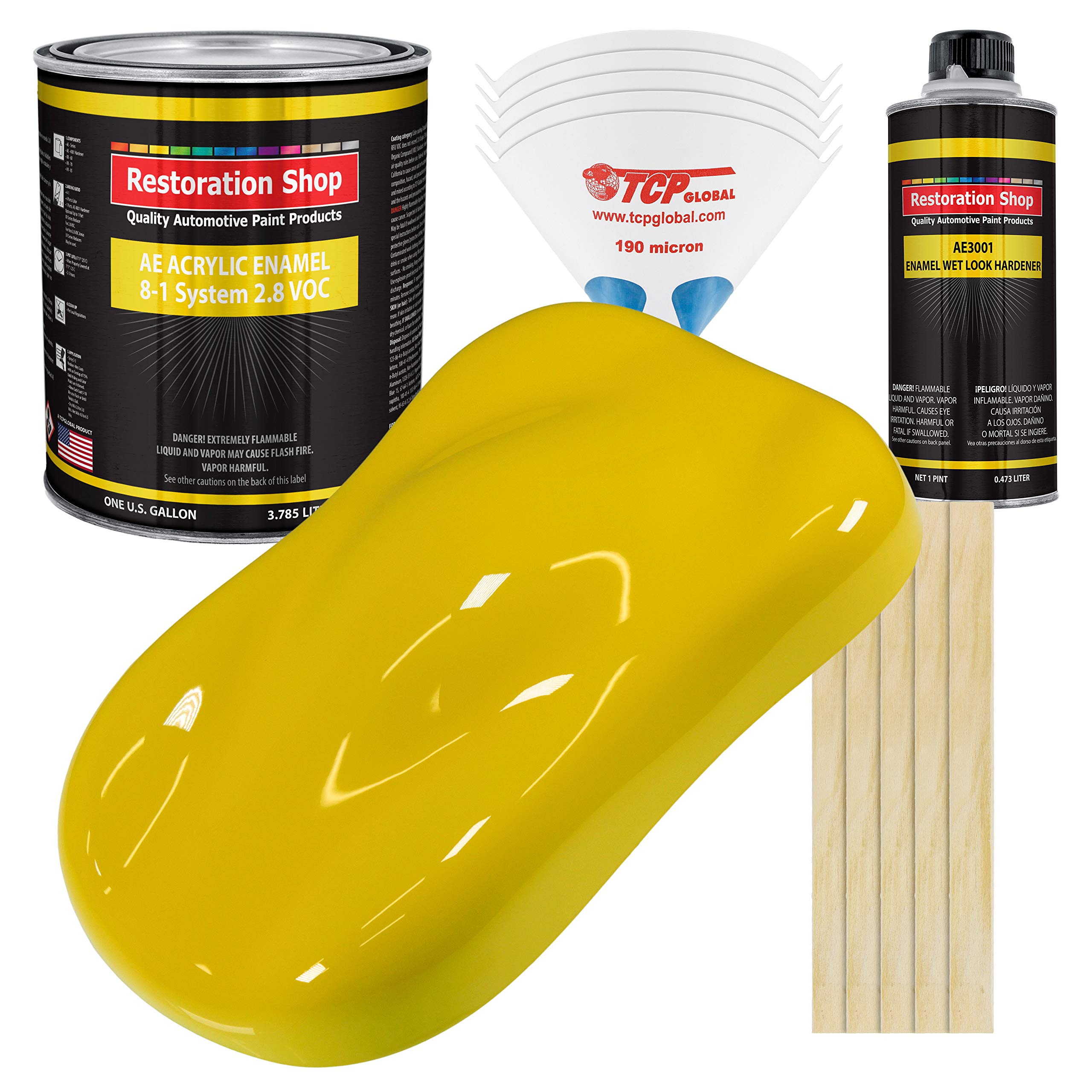 Restoration Shop - Electric Yellow Acrylic Enamel Auto Paint Gallon Kit - High Gloss Single Stage Automotive Coating for Cars, Trucks & Equipment - 8:1 Mix Ratio, Low VOC (2.8) - Perfect for Touch-Ups, Custom Paint Jobs & Vehicle Restoration Projects