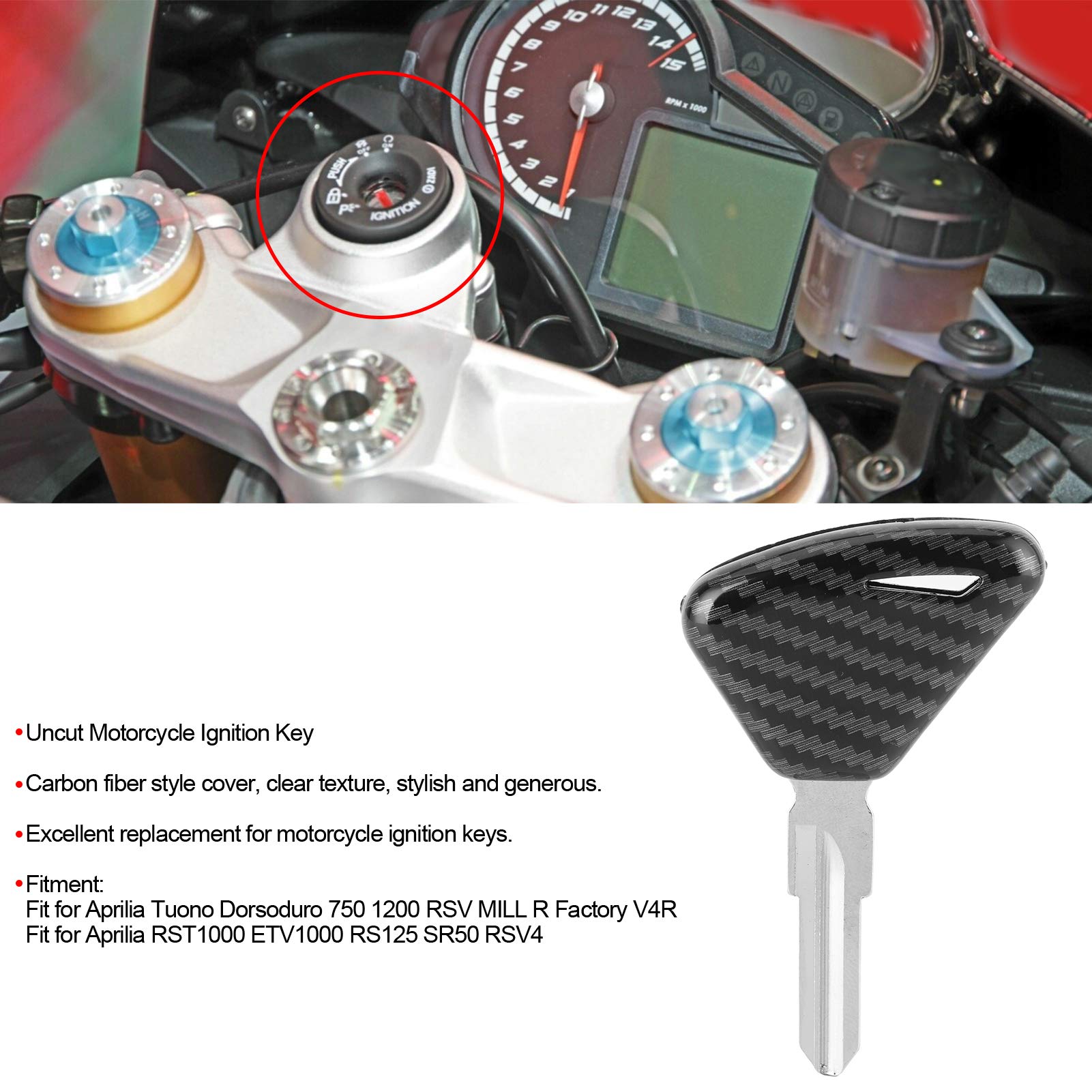 Blank Ignition Key for Aprilia Tuono & Dorsoduro 750/1200 - Uncut Motorcycle Key with Carbon Fiber Cover - Durable Replacement Bike Accessory - Perfect for Key Replacement, Security & Customization