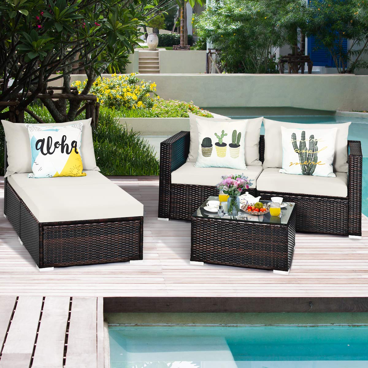 Tangkula 5-Piece Outdoor Patio Furniture Set - Sturdy Wicker Sectional Sofa with Glass Top Coffee Table, 360lb Weight Capacity - Perfect for Porch, Garden, Poolside & Backyard Relaxation (White)