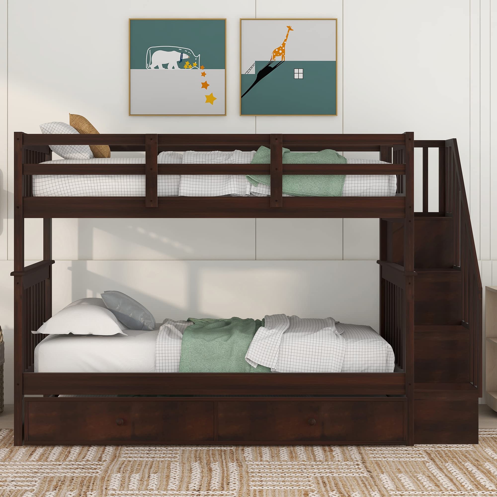 **Twin Over Twin Wooden Bunk Bed with Trundle, Stairs & Open Shelves – Espresso Kids & Teens Bunk Bed for Bedroom, Dorm, Guest Room – Space-Saving & Stylish Sleep Solution**