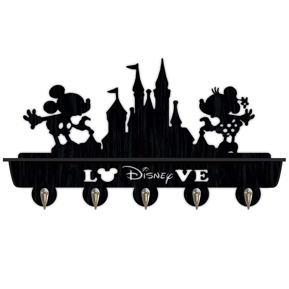 Mickey and Minnie Mouse Wall Mounted Wooden Key Hook Coat Rack - Farmhouse Entryway Organizer with Storage Shelf for Keys, Hats, Coats and Bags - Perfect for Bedroom, Hallway or Mudroom Decor