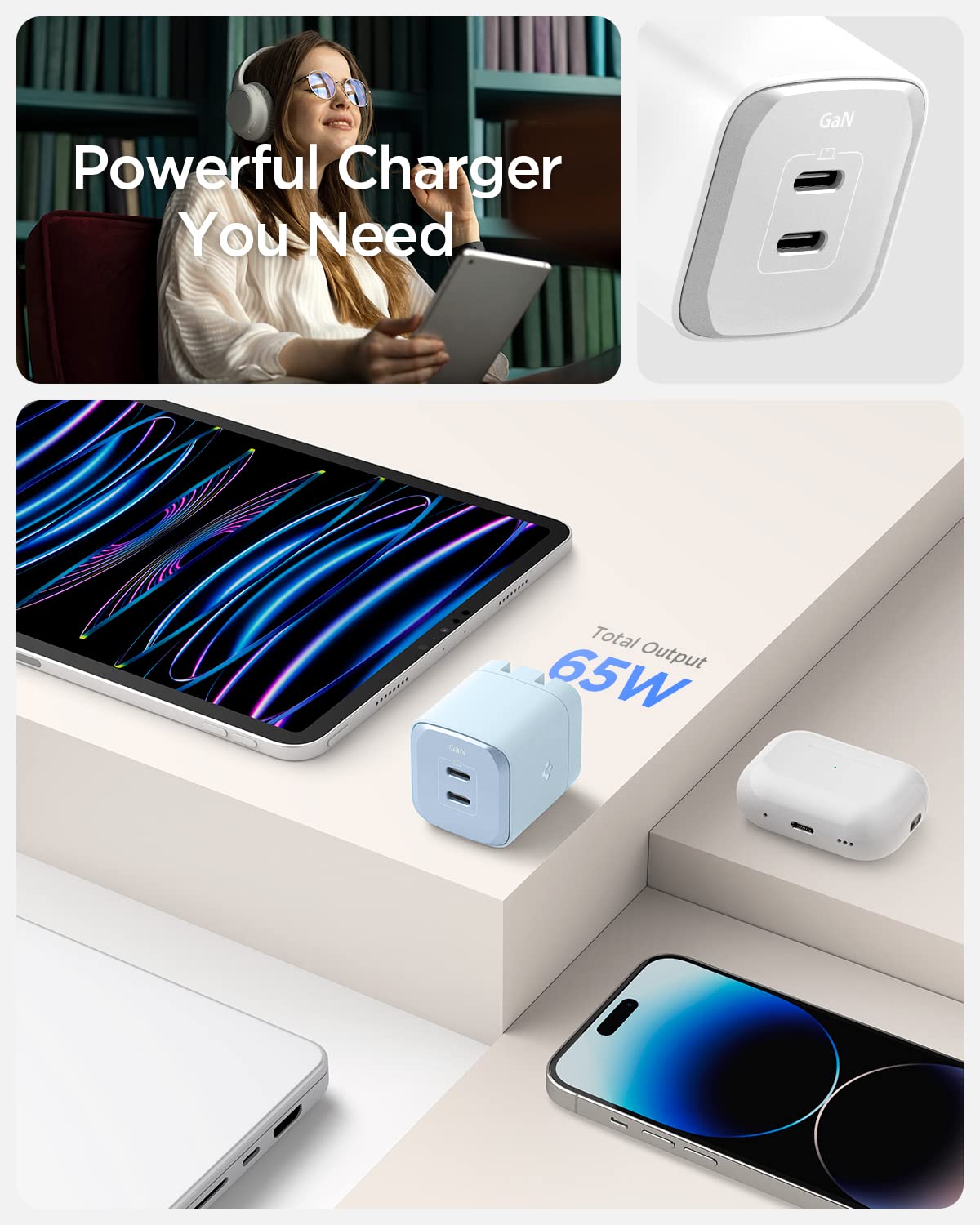 Spigen GaN III 652 65W 2-Port USB C Wall Charger - Compact Foldable Fast Charging Block with PD PPS for iPhone 16 Pro Max/15/14/13, iPad, MacBook Air, Samsung Galaxy S25/S24/Ultra/Flip/Fold 6 - Perfect for Travel & Home Office Charging