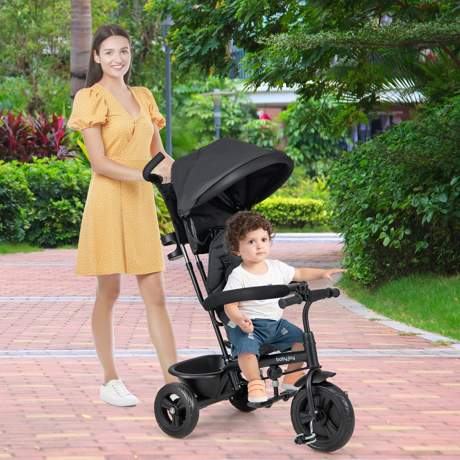 BABY JOY 4-in-1 Adjustable Toddler Tricycle with Removable Canopy, Push Handle & Safety Belt - Foldable Footrest & Storage Basket - Reversible Seat for Boys & Girls 9-60 Months (Black) - Perfect for Outdoor Play, Park Rides & Learning to Bike