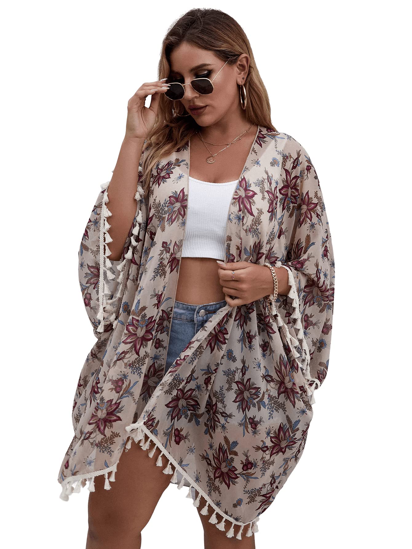 Romwe Women's Plus Size Floral Print Sheer Beach Cover Up Kimono - Lightweight Swimwear Coverup for Pool, Vacation & Summer Outfits