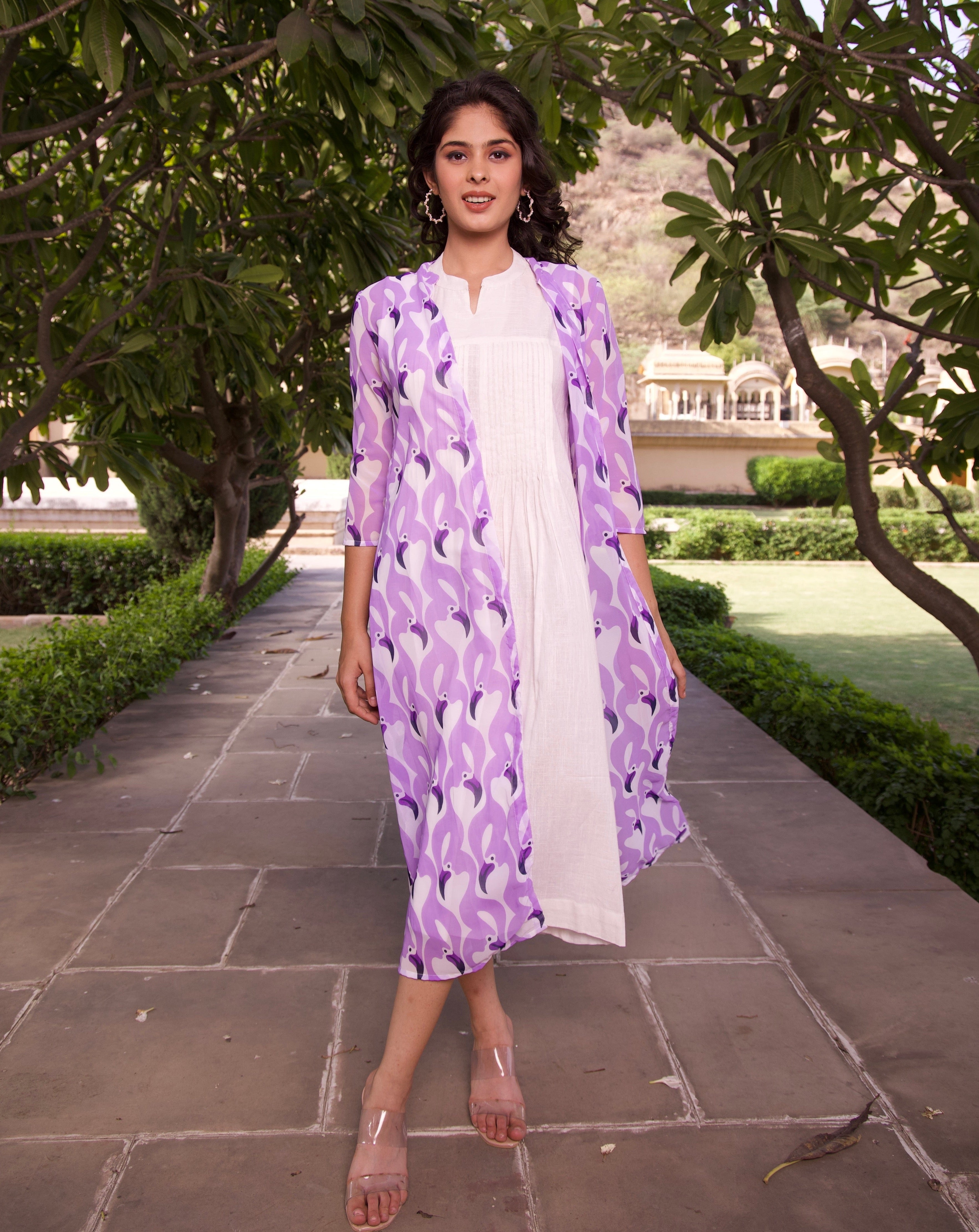 Lavender and White Women's Jacket & Maxi Dress Set - Elegant Floral Print Outerwear & Long Dress for Spring, Summer, Fall - Perfect for Weddings, Parties, and Casual Outings