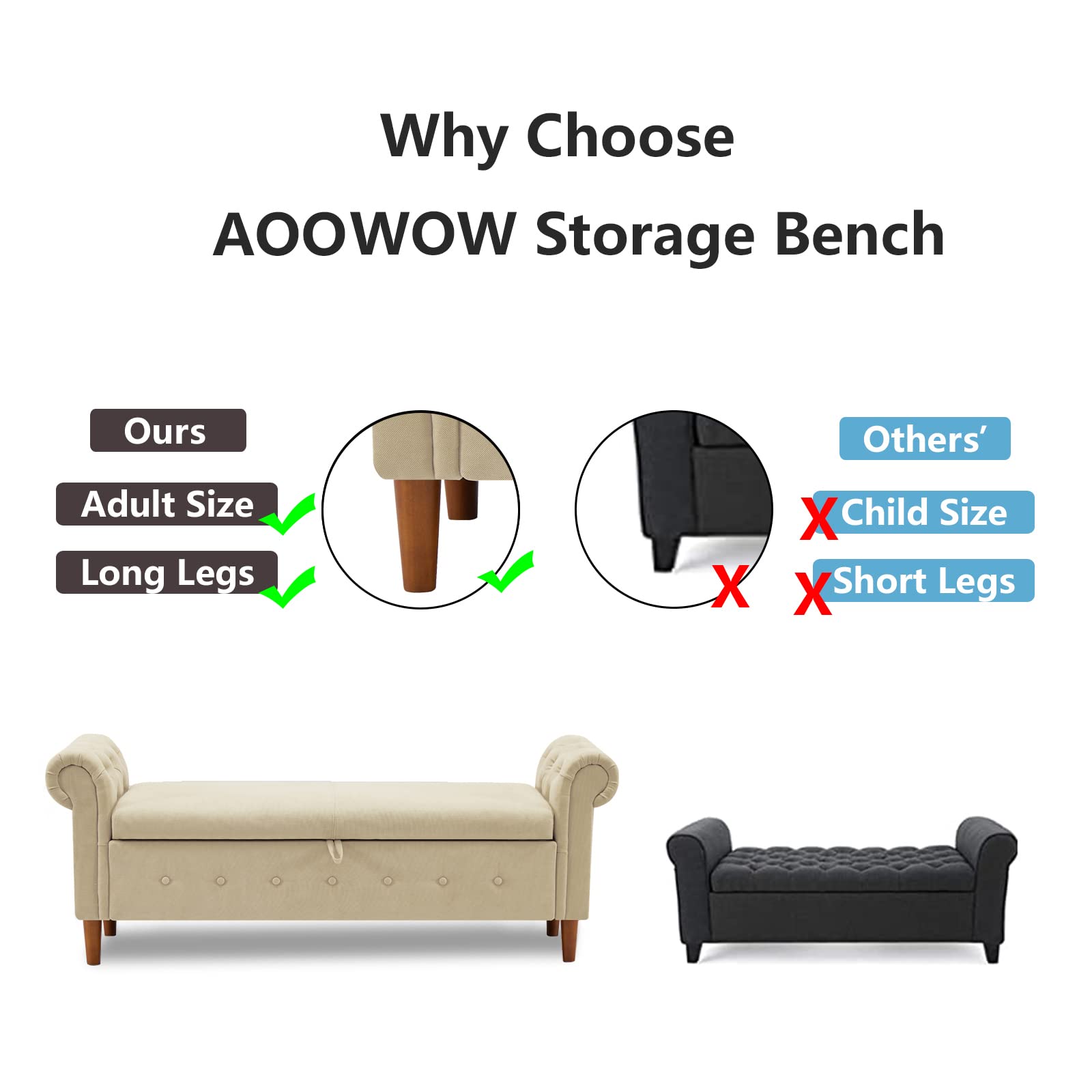 Aoowow Storage Bench with Rolled Arms - Linen Fabric Ottoman for Bedroom, End of Bed, Window Seat, or Fireplace - Beige Toy Storage Bench for Living Room, Nursery, or Entryway
