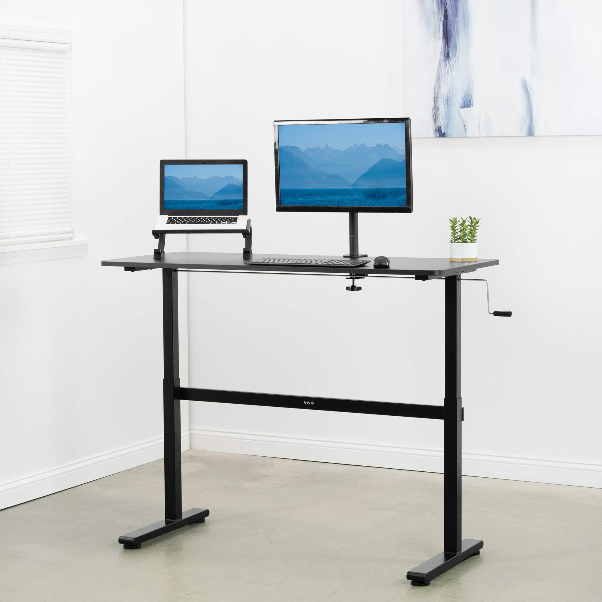 VIVO Height Adjustable 140cm x 61cm Standing Desk | Hand Crank Sit Stand Home Office Workstation with Frame & Table Top | Black | DESK-M55TB | Perfect for Small Spaces & Remote Work