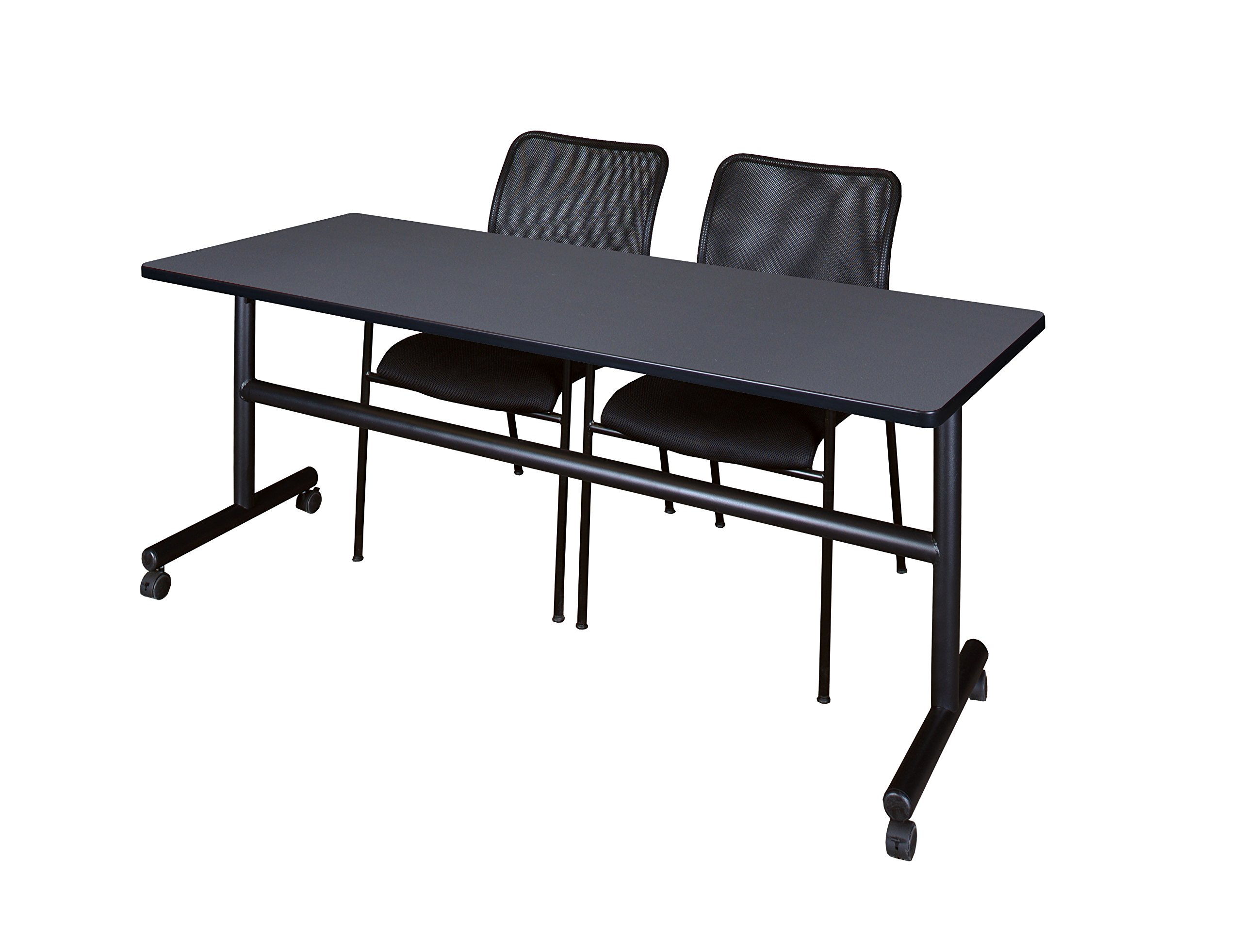 Kobe 72 Inch Flip Top Mobile Training Table with 2 Stackable Chairs - Grey & Black Set for Home Gym, Office, or Classroom