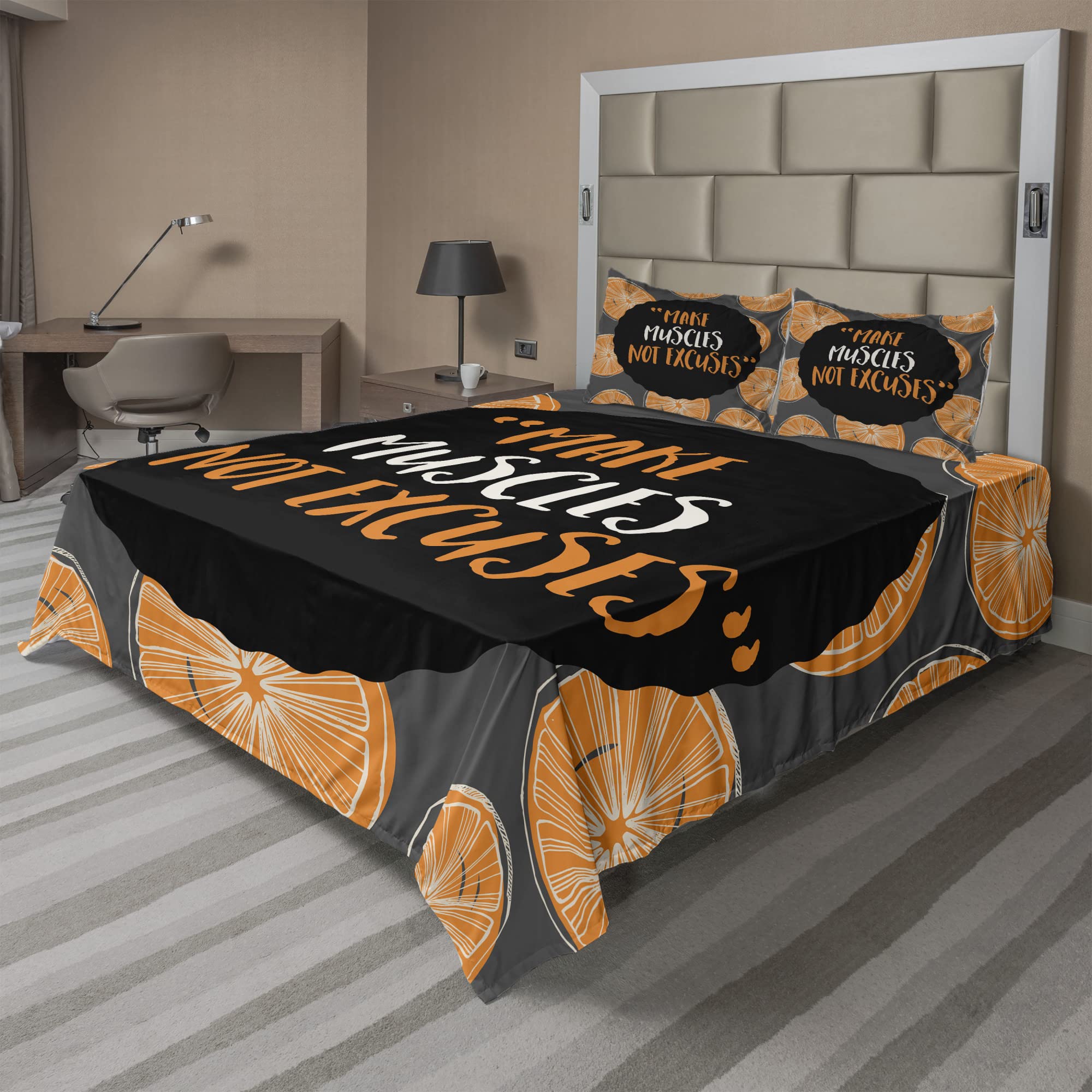 Ambesonne Fitness Sheet Set 4-Piece King Size - Modern 'Make Muscles Not Excuses' Design, Charcoal Grey & Orange Bedding - Perfect for Gym Enthusiasts & Home Workout Spaces