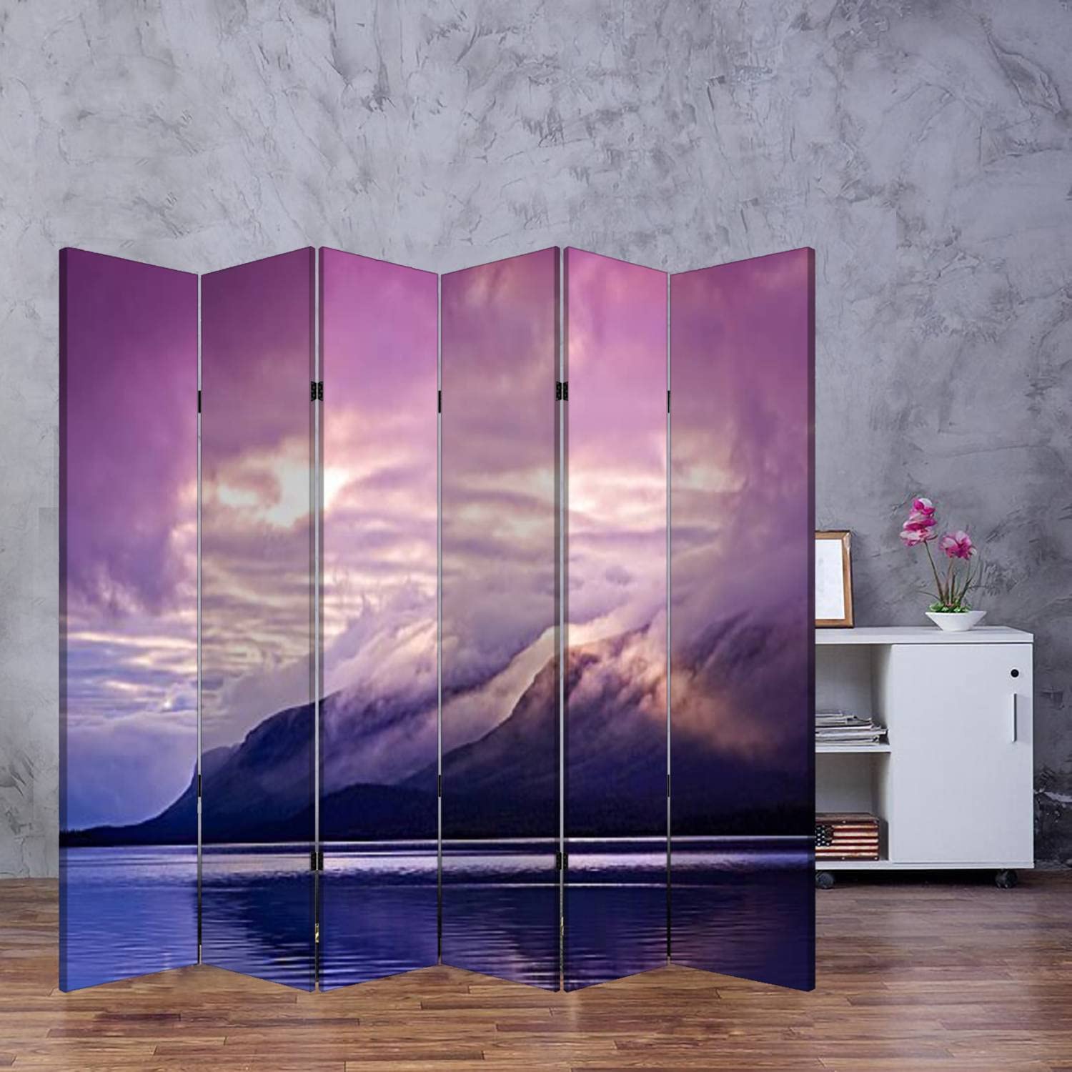 Wooden Folding Room Divider with Mountain Landscape Print - 6 Panel Privacy Screen for Home & Office - Dual-Sided Canvas Partition for Indoor Spaces, Bedroom, Living Room & Studio Decor